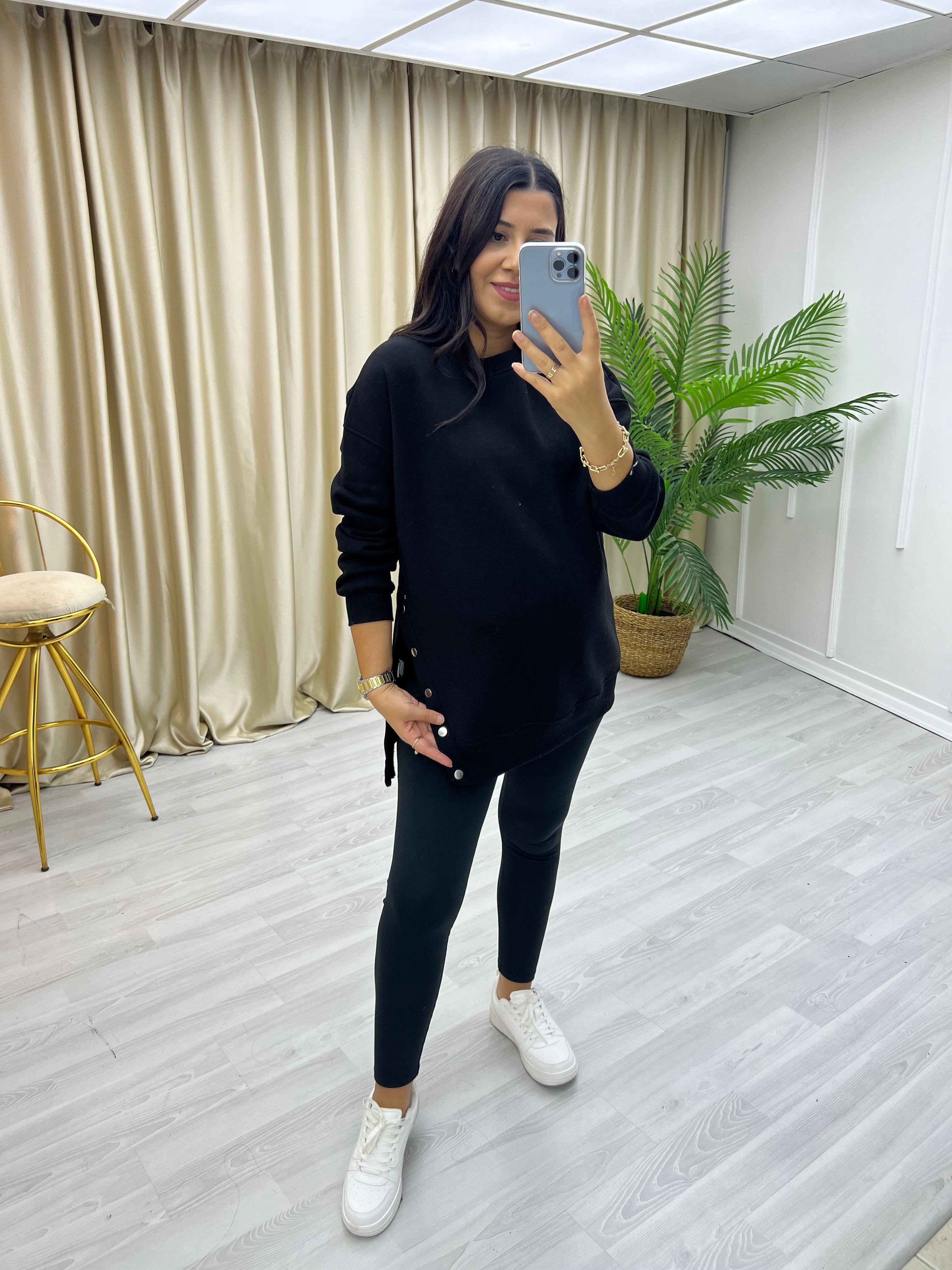 Yanlar Zımbalı Şardonlu Sweat Siyah