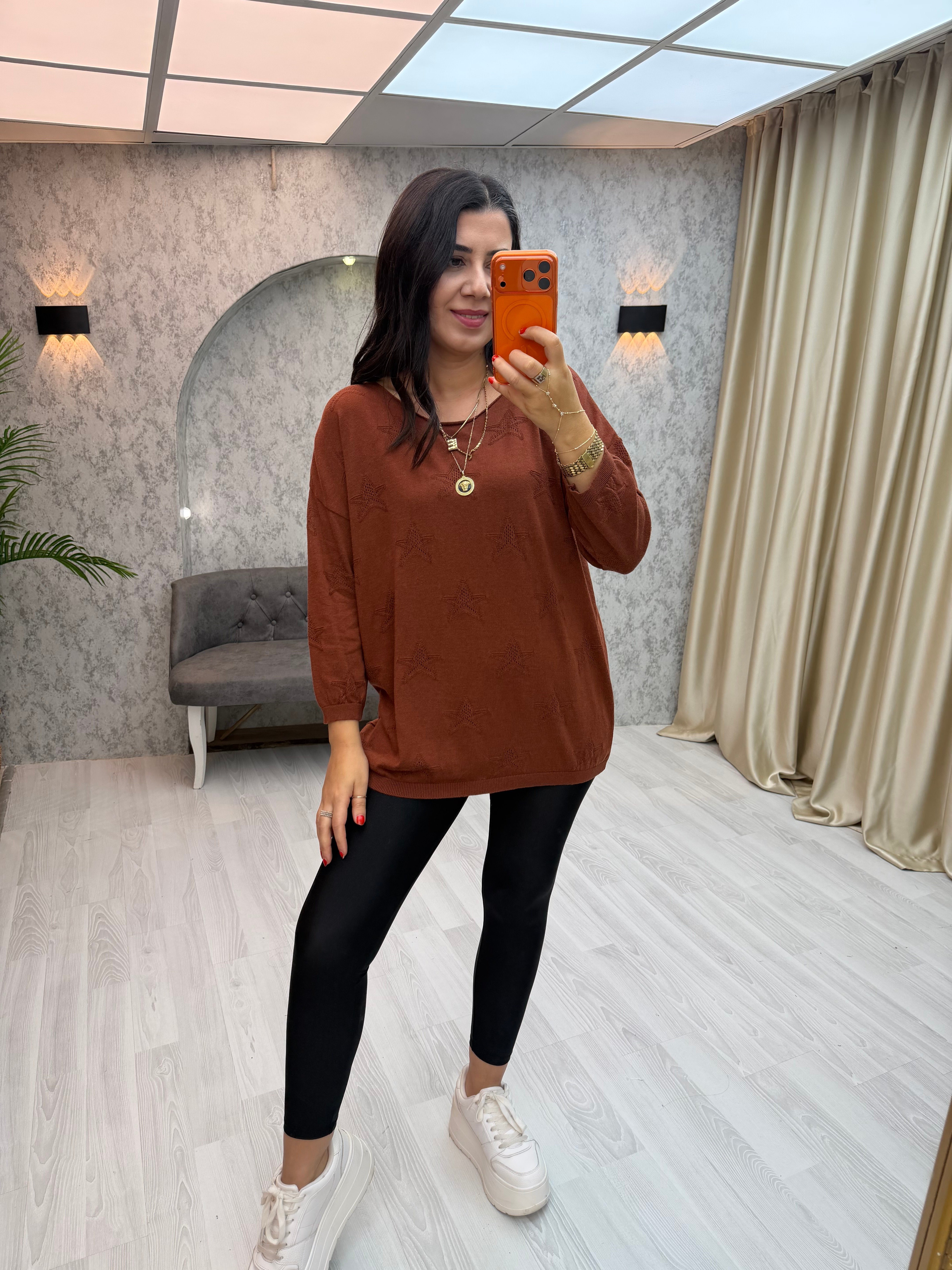 Yıldız Desen Pamuk Salaş Triko Açık Kahve