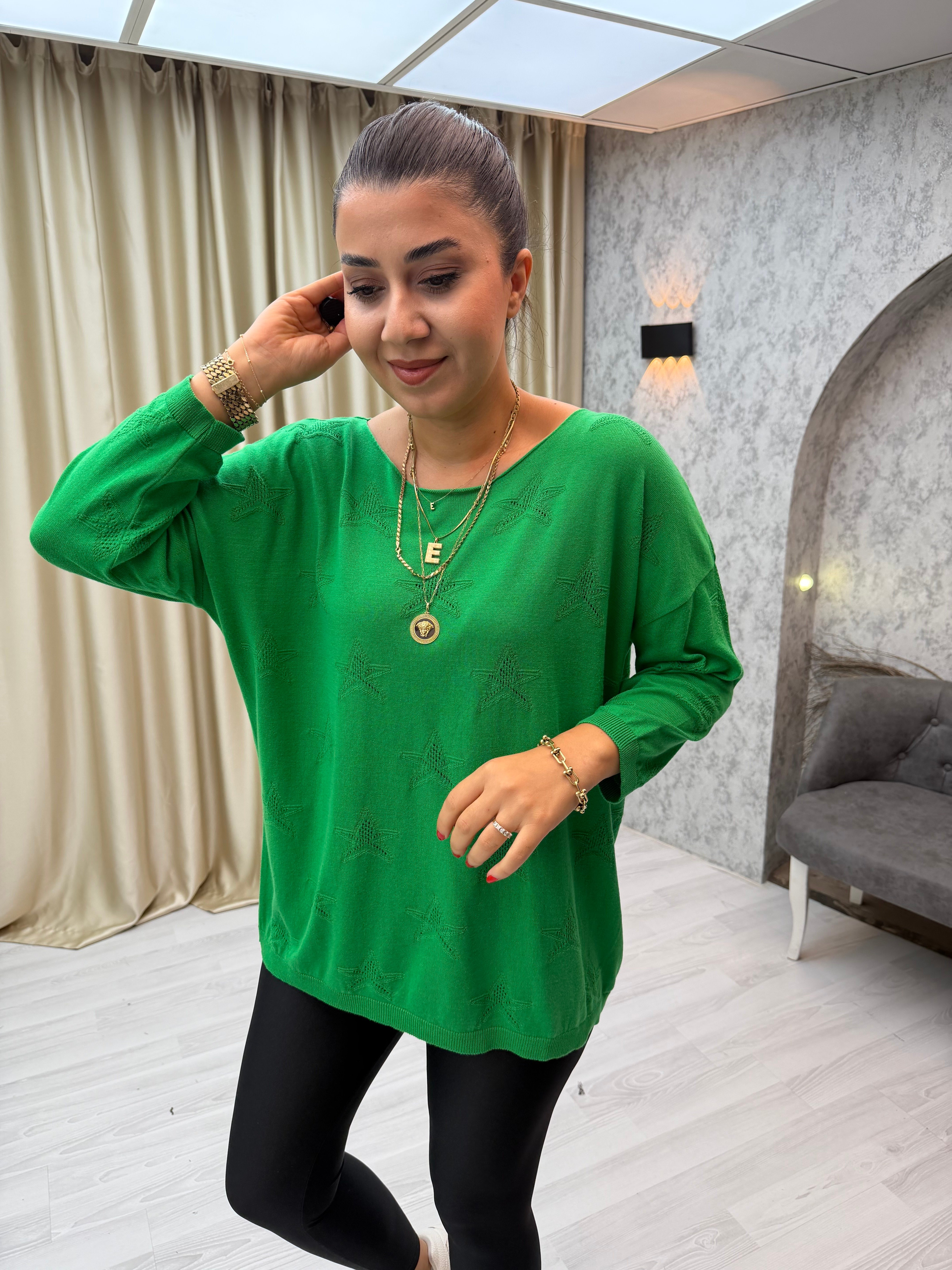 Yıldız Desen Pamuk Salaş Triko Çimenyeşili