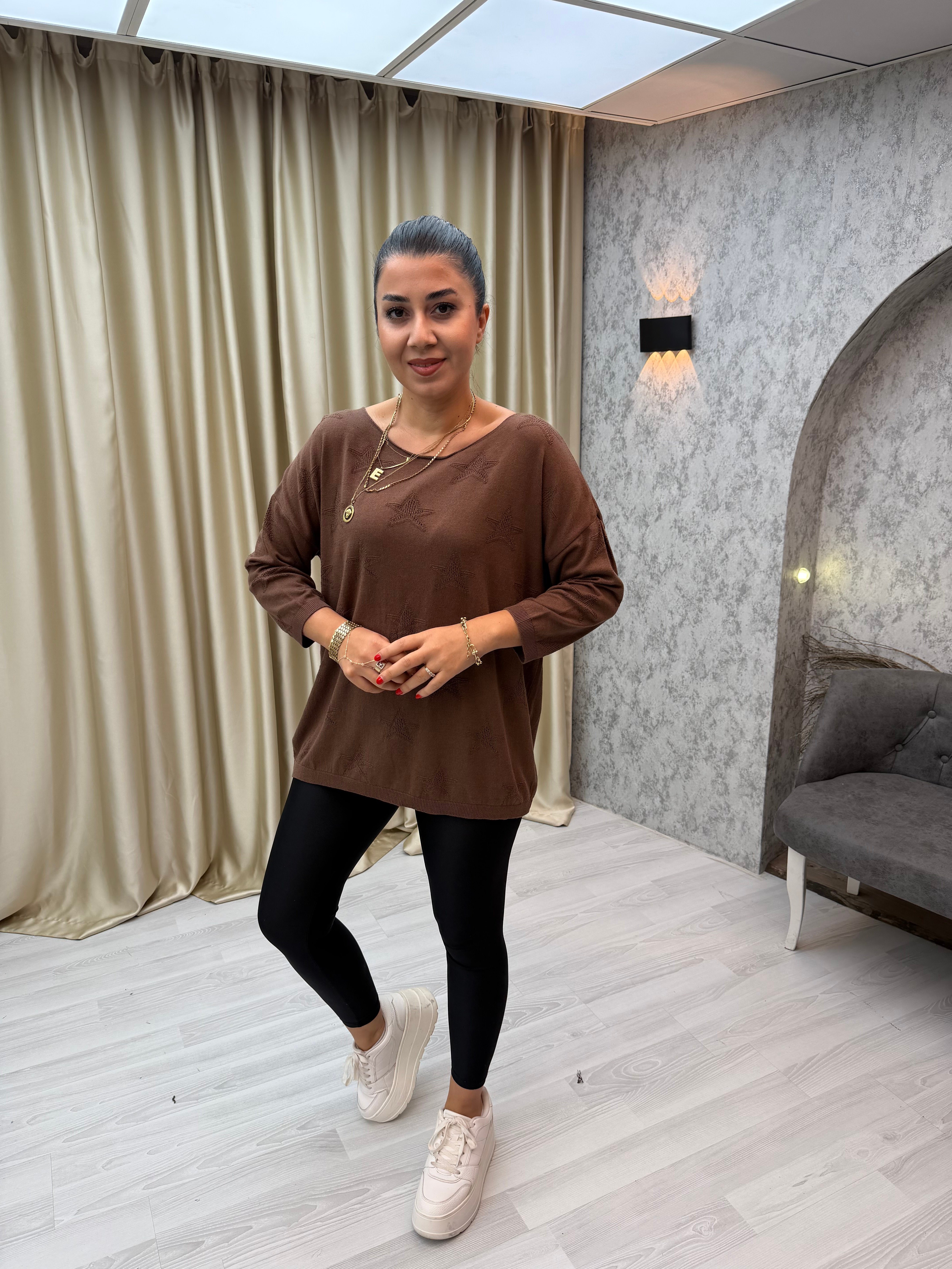 Yıldız Desen Pamuk Salaş Triko Kahverengi