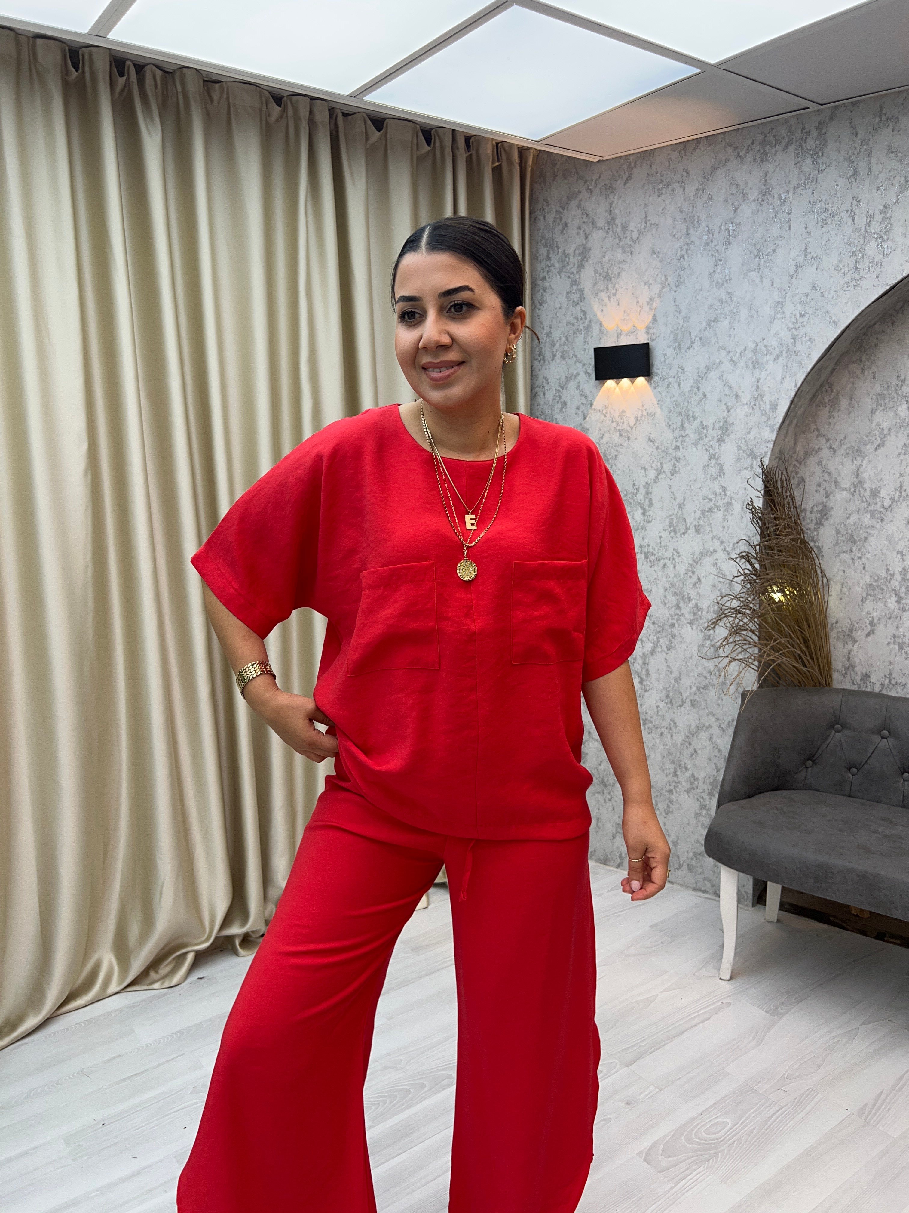 Zr Yırtmaçlı Pantolon Bluz Takım Kırmızı