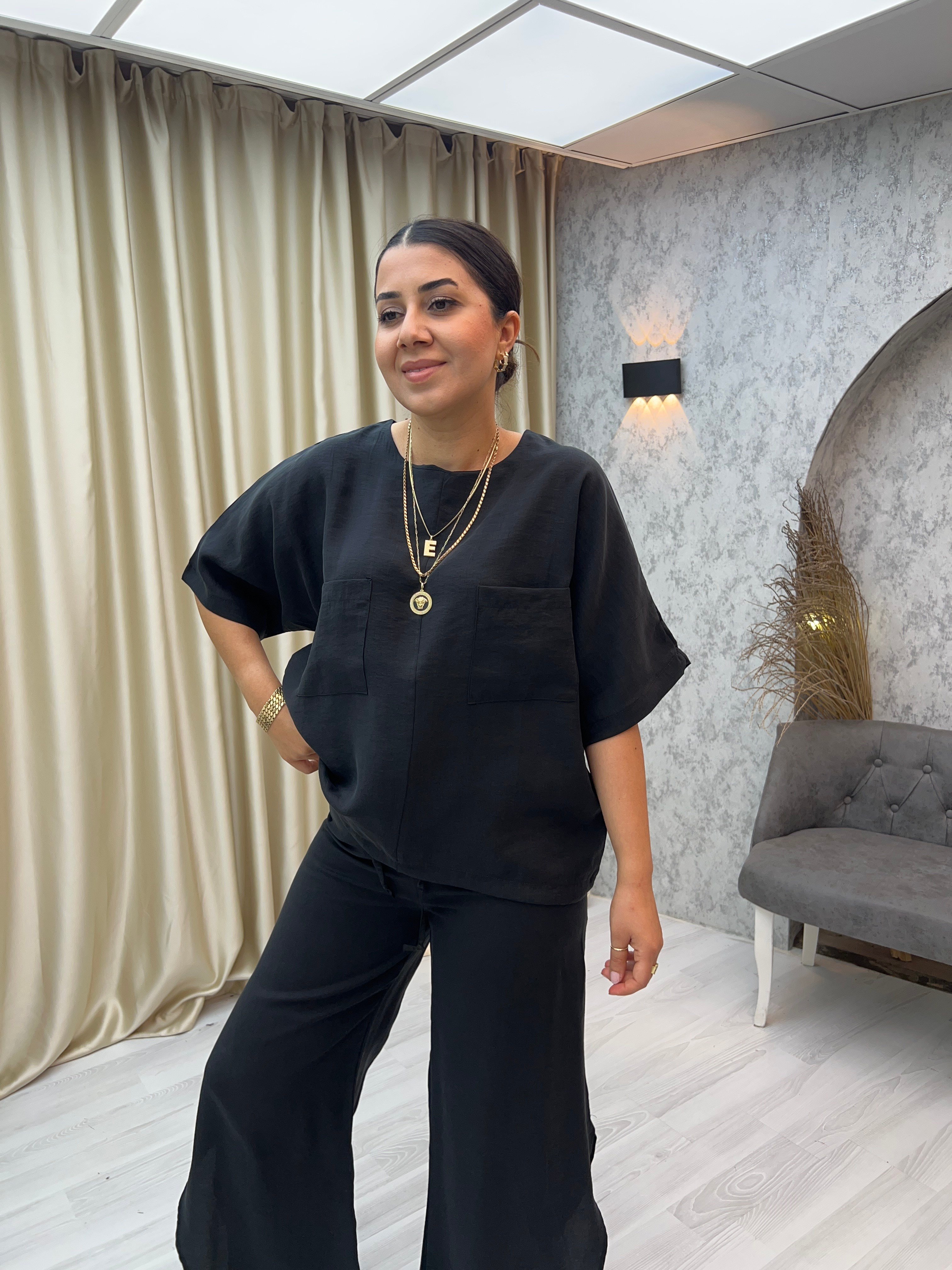 Zr Yırtmaçlı Pantolon Bluz Takım Siyah