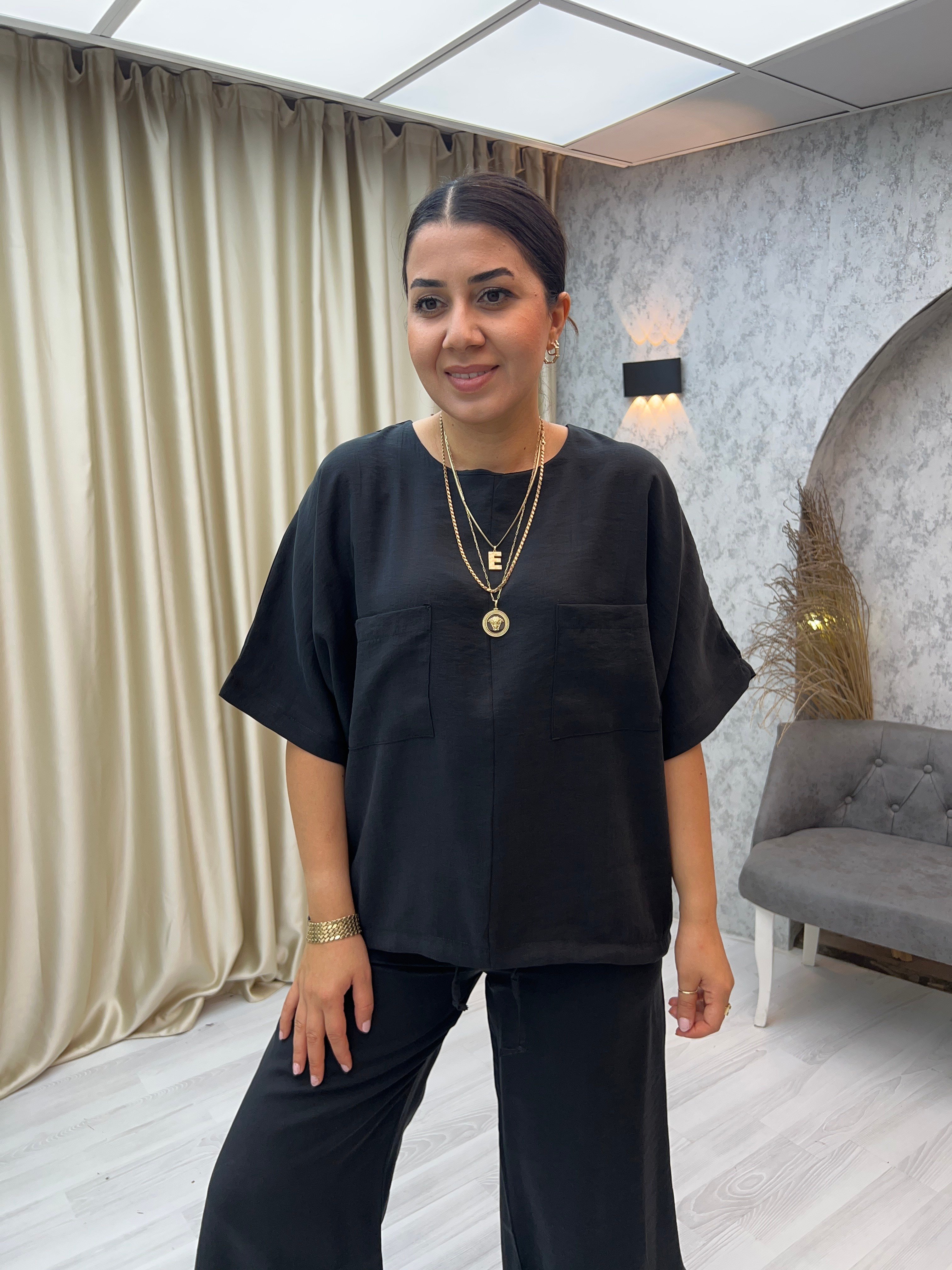 Zr Yırtmaçlı Pantolon Bluz Takım Siyah