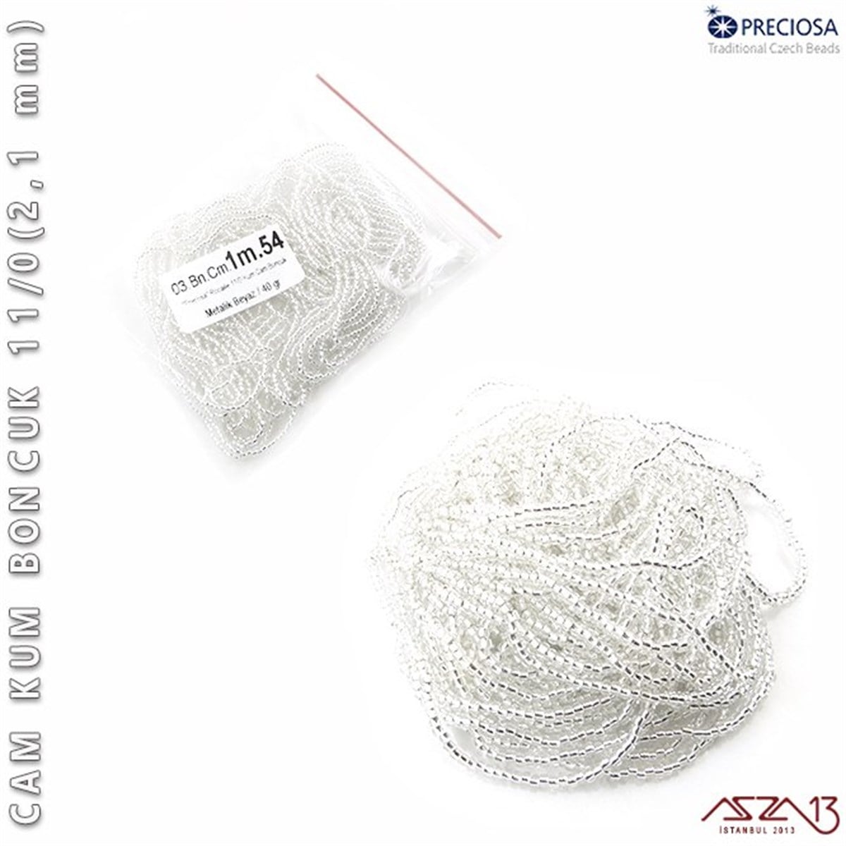 11/0 Numara Kum BoncukBONCUK ve TAŞPreciosaMetalik Beyaz Cam Kum Boncuk 11/0 (2,1 mm) 40 gr