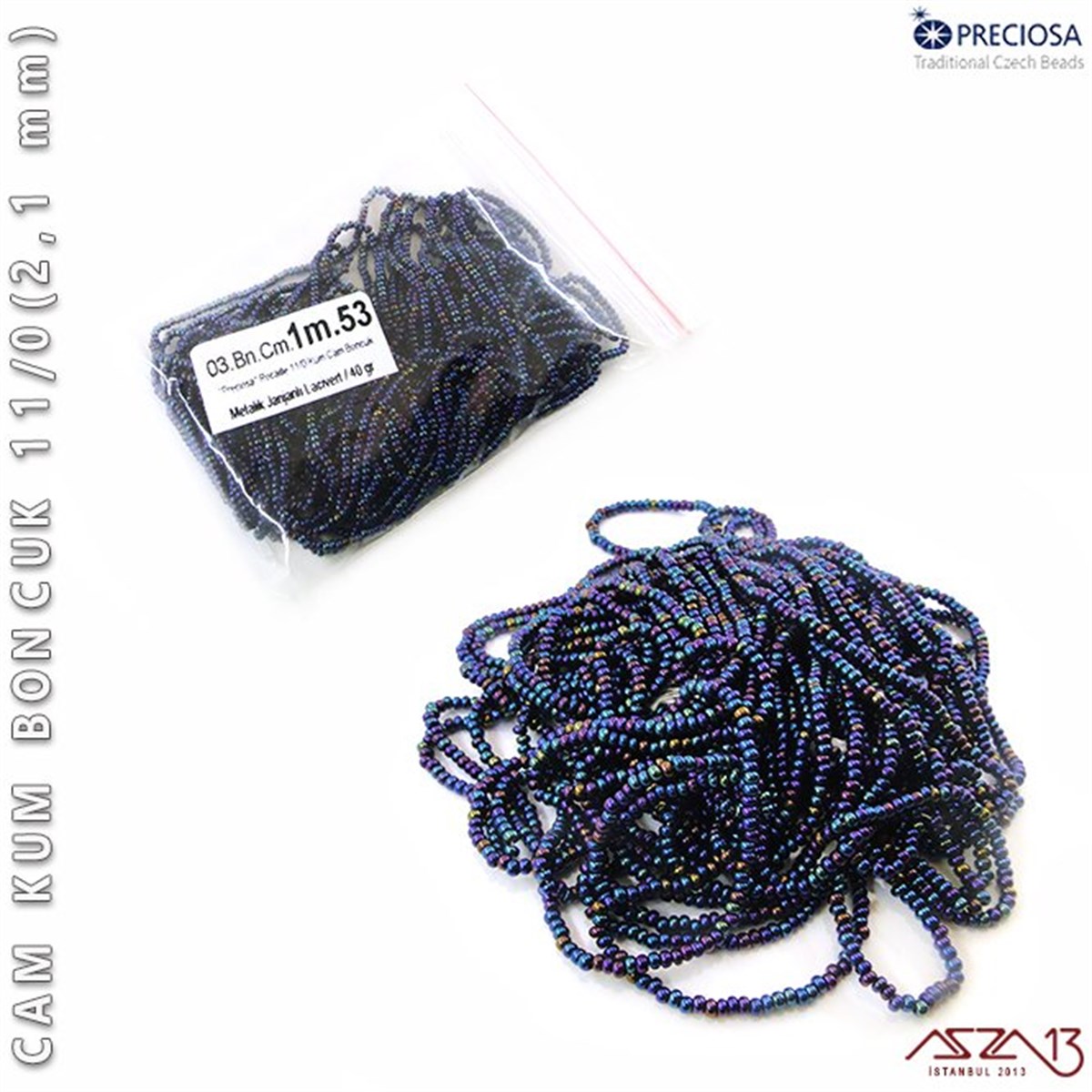 11/0 Numara Kum BoncukBONCUK ve TAŞPreciosaMetalik Janjanlı Lacivert Cam Kum Boncuk 11/0 (2,1 mm) 40 gr