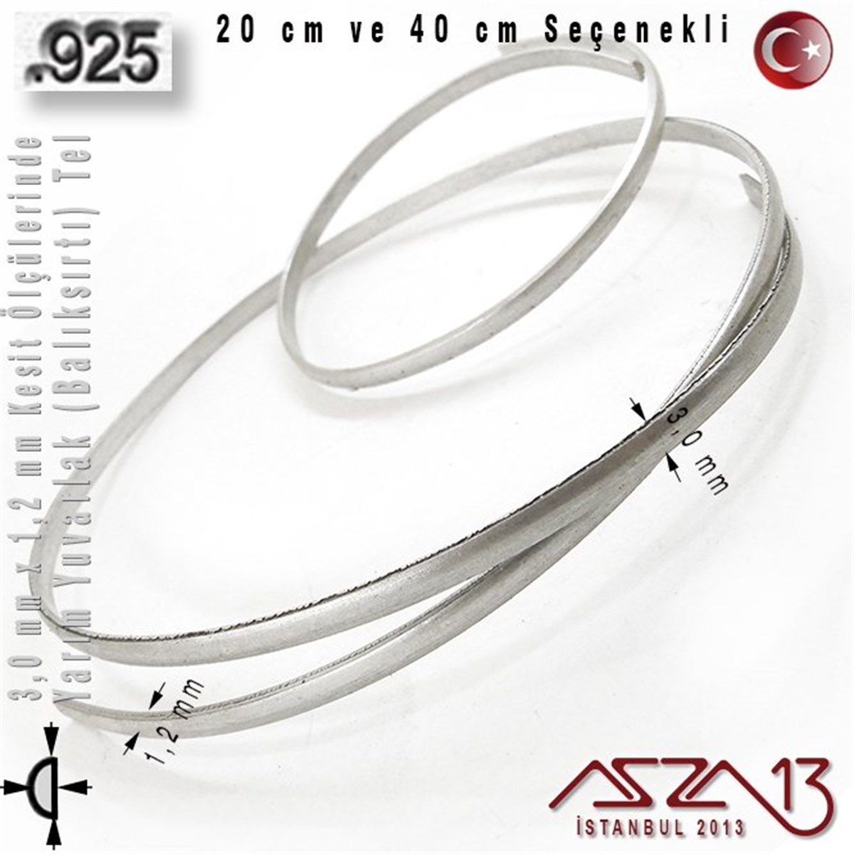 925 Ayar Gümüş TelGÜMÜŞazza13925 Ayar - 3,0 mm / 1,2 mm Ölçülerinde - Yarım Yuvarlak (Balıksırtı) Gümüş Tel / 20 ve 40 cm Seçenekli