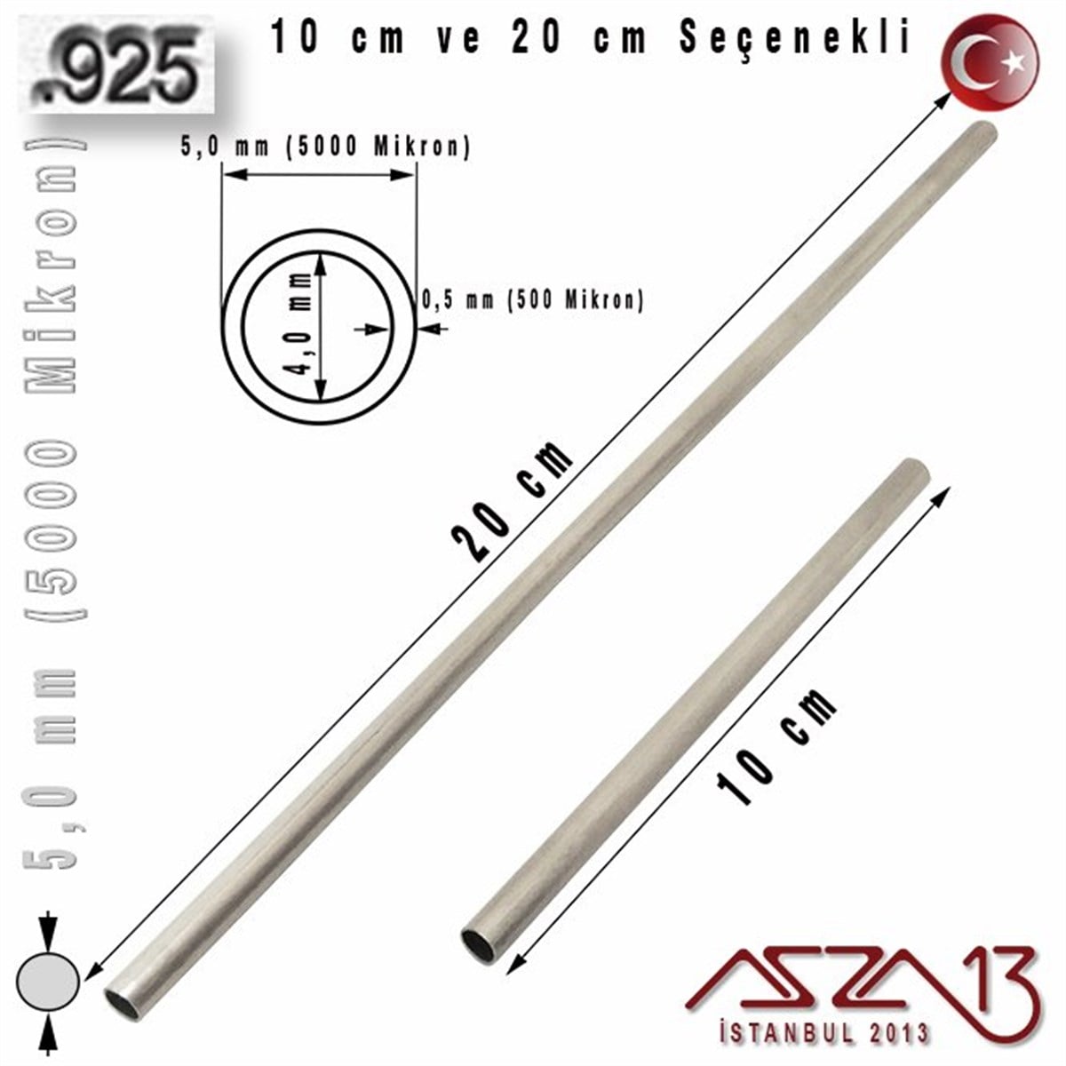 925 Ayar Gümüş TelGÜMÜŞazza13925 Ayar - 5,0 mm (5000 Mikron) Çapında - Yuvarlak Gümüş Boru / 10 ve 20 cm Seçenekli