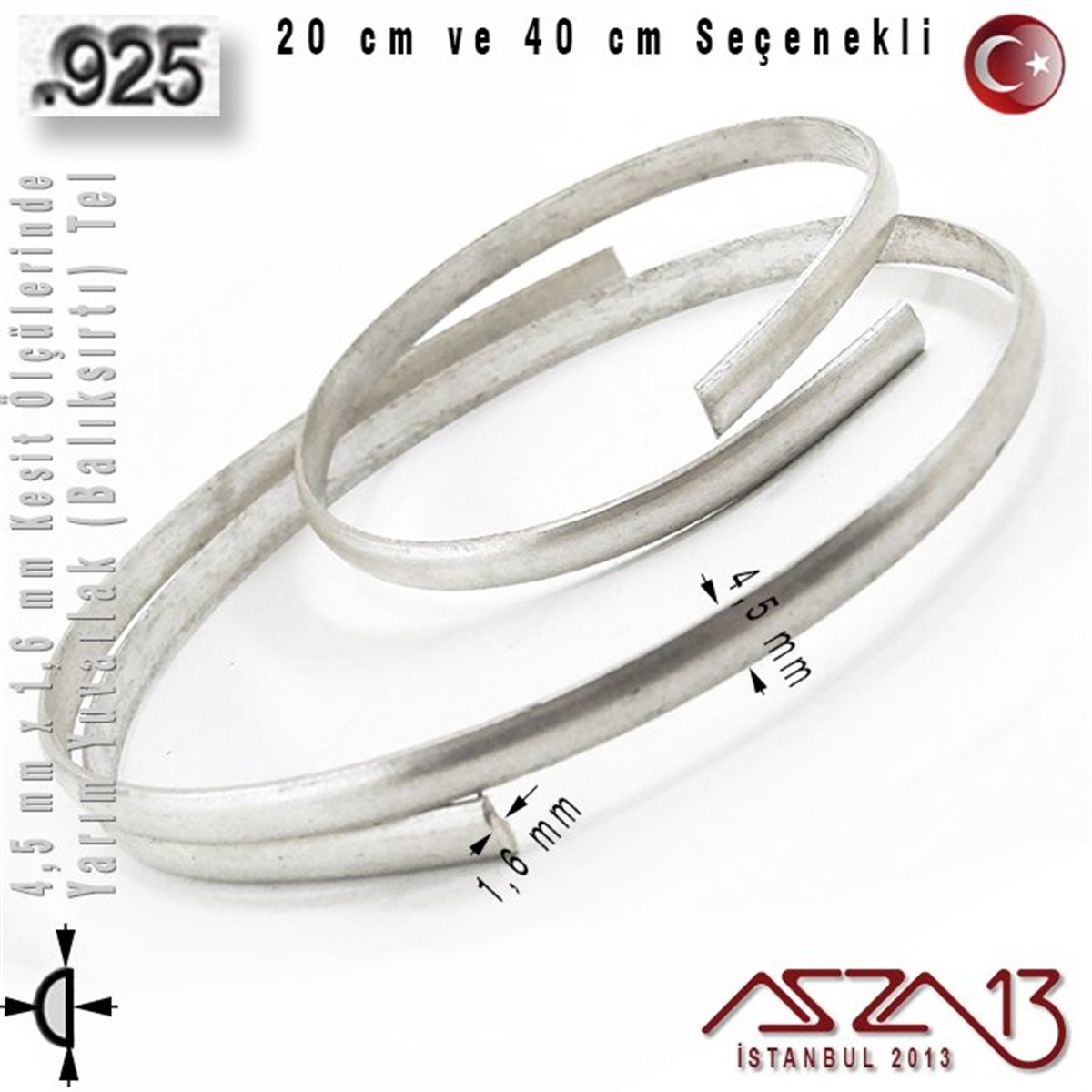 925 Ayar Gümüş TelGÜMÜŞazza13925 Ayar - 4,5 mm / 1,6 mm Ölçülerinde - Yarım Yuvarlak (Balıksırtı) Gümüş Tel / 20 ve 40 cm Seçenekli
