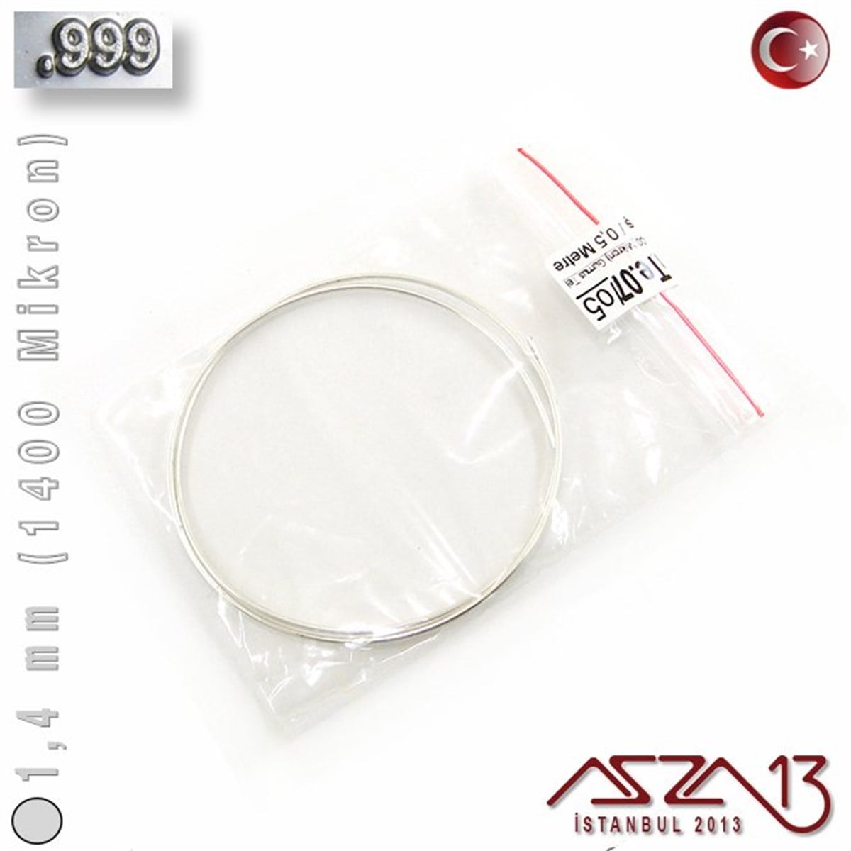 999 Ayar Gümüş TelGÜMÜŞazza13999 Ayar - 1,4 mm (1400 Mikron) - Yuvarlak Gümüş Tel / 50 Santimetre