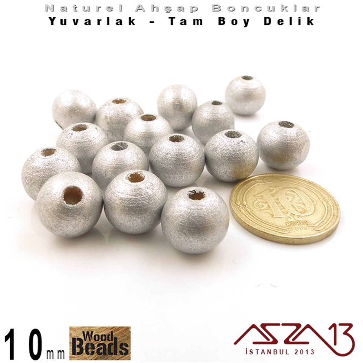 Ahşap BoncukBONCUK ve TAŞMarkasızYuvarlak - 10 mm - Gümüş Renkli - Ahşap Boncuk  / 15 Adet