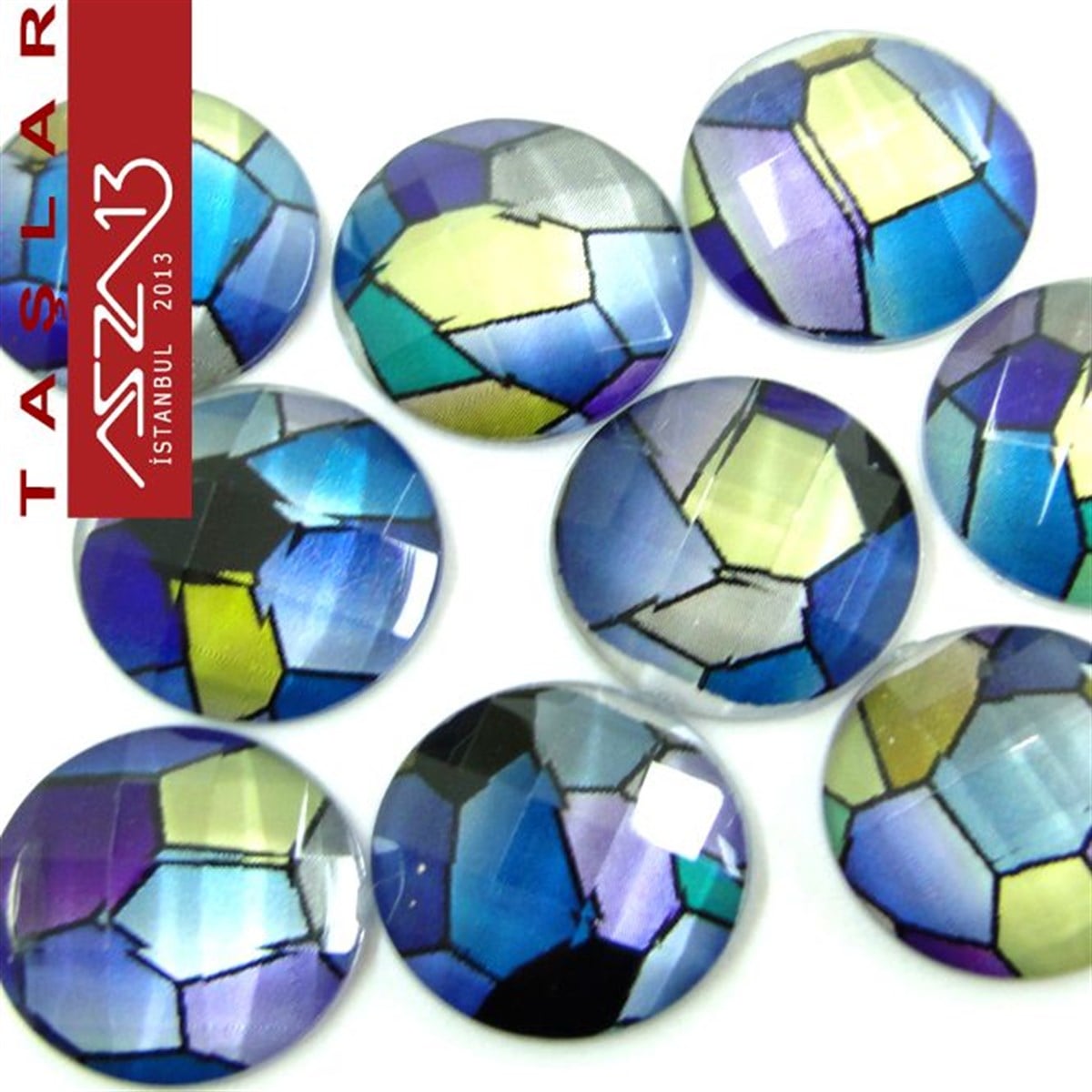 AKRİLİK TAŞKaboşon ve CameoMarkasız10 Adet 16 mm Mavi Mozaik Renk Yuvarlak Akrilik Taş (5,8 gr)