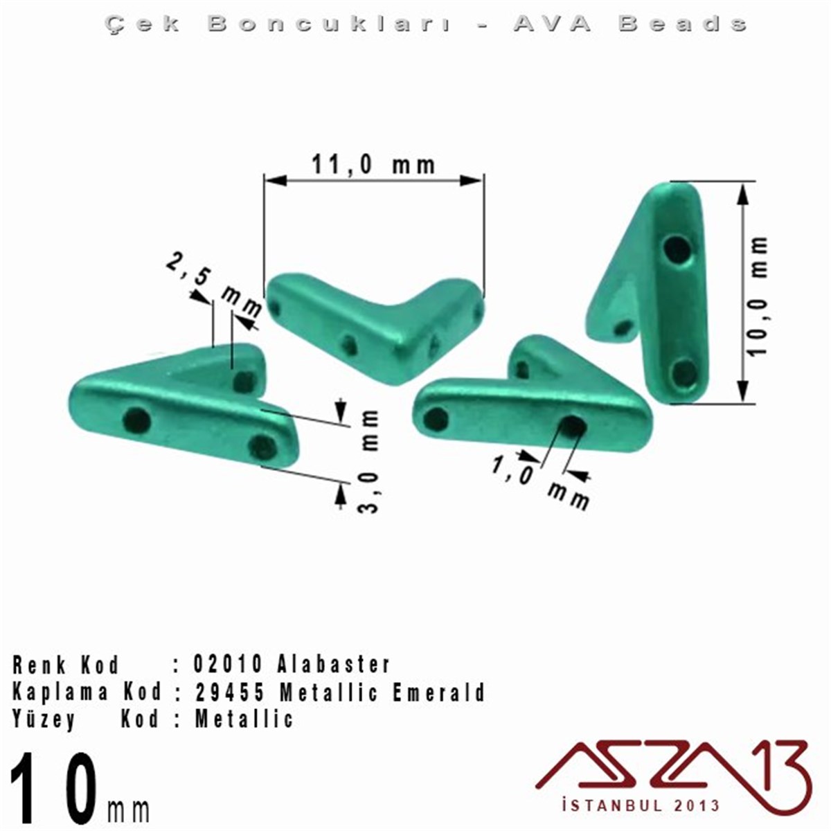 Ava Boncuk (Beads)BONCUK ve TAŞMarkasız(Ava Beads) 10 mm Alabaster Metallic Emerald Boncuk / 4 Adet