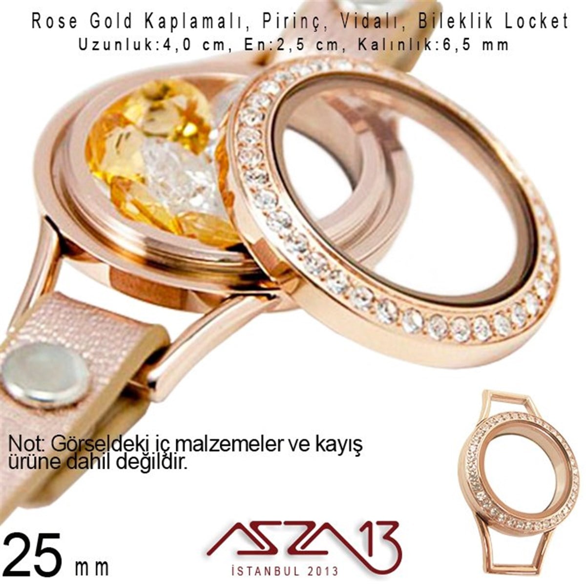 Bileklik MalzemeleriTAKI MALZEMEMarkasız25 mm Rose Altın, Kristal Taşlı, Yuvarlak, Vida Kilitli Bileklik Ortası (Locket Pendant)
