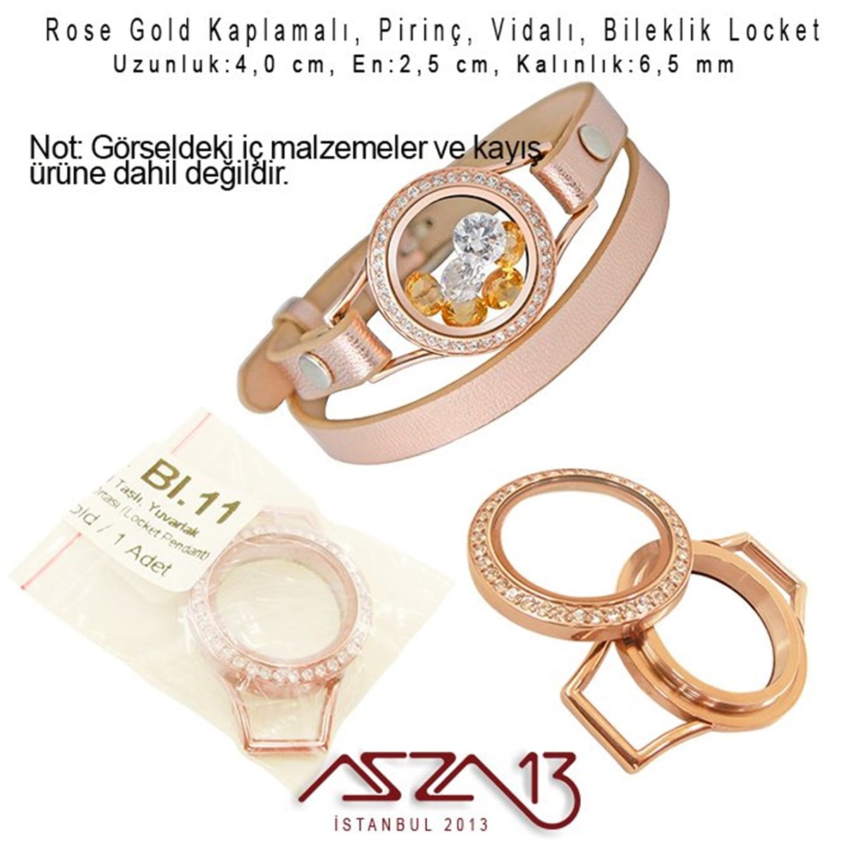 Bileklik MalzemeleriTAKI MALZEMEMarkasız25 mm Rose Altın, Kristal Taşlı, Yuvarlak, Vida Kilitli Bileklik Ortası (Locket Pendant)