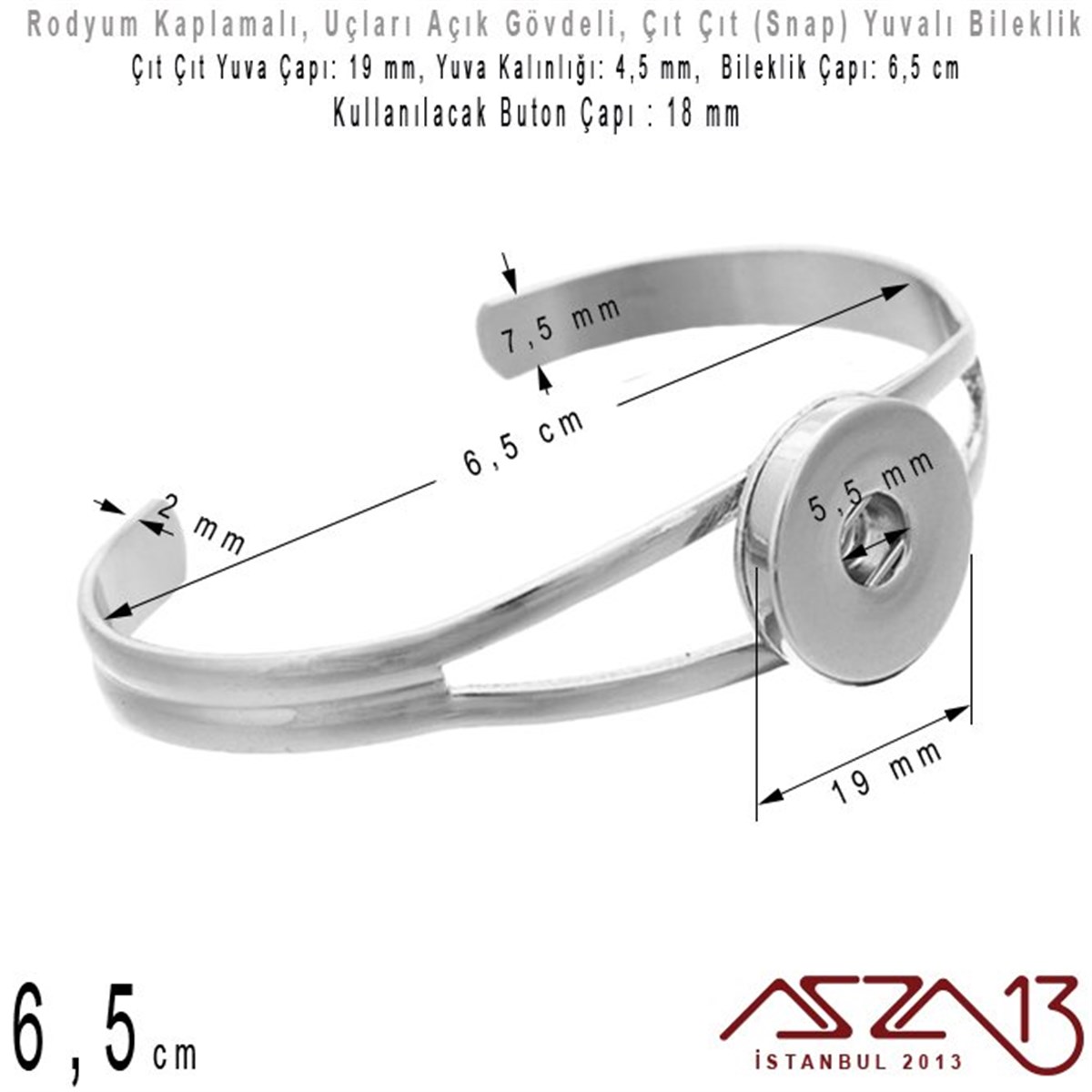 Bileklik MalzemeleriTAKI MALZEMEMarkasızRodyum Kaplamalı - 18 mm Çıt Çıt (Snap) Yuvalı - 6,5 cm - Metal Kollu Bileklik