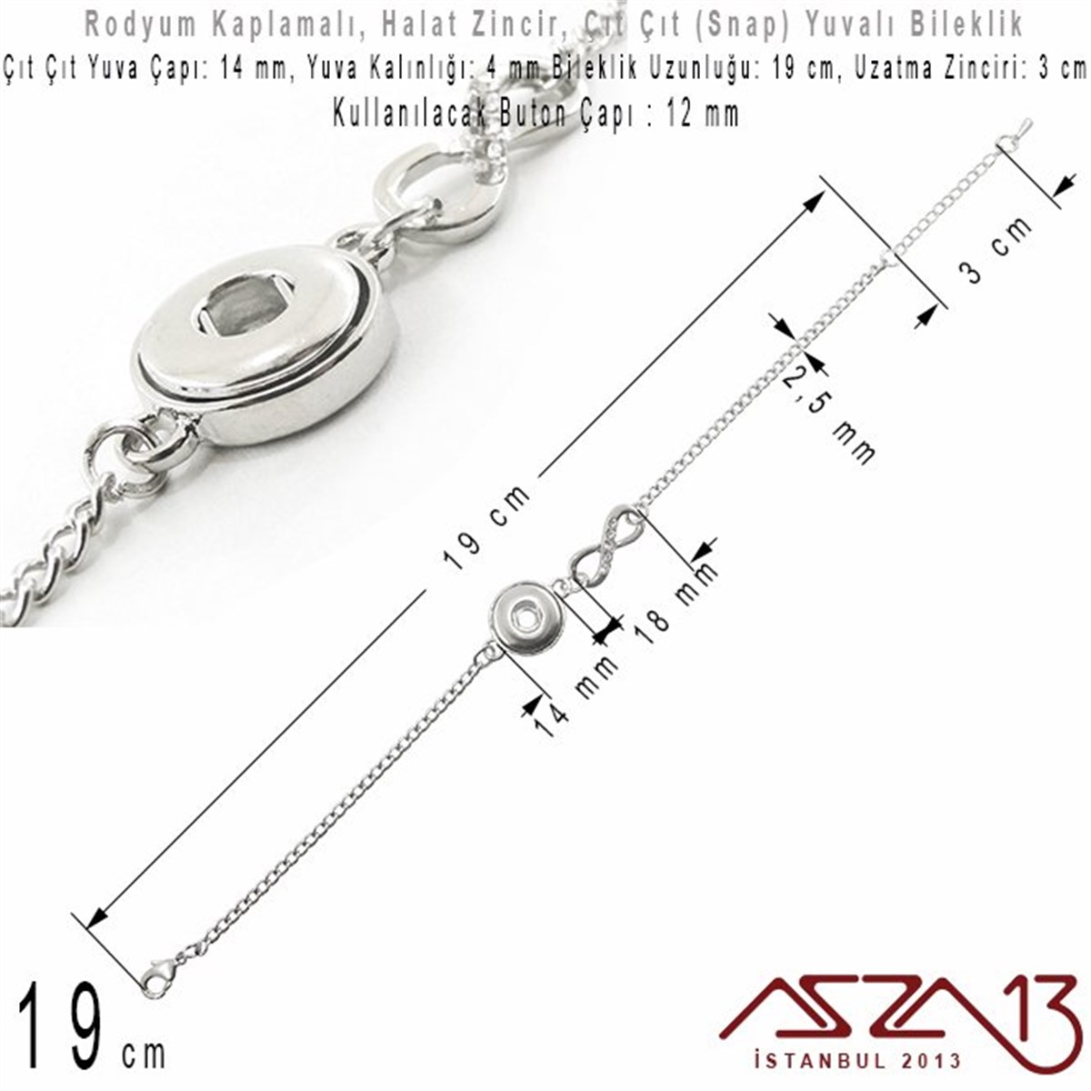 Bileklik MalzemeleriTAKI MALZEMEMarkasızRodyum Kaplamalı - 12 mm Çıt Çıt (Snap) Yuvalı - 19 cm - Halat Zincir Bileklik