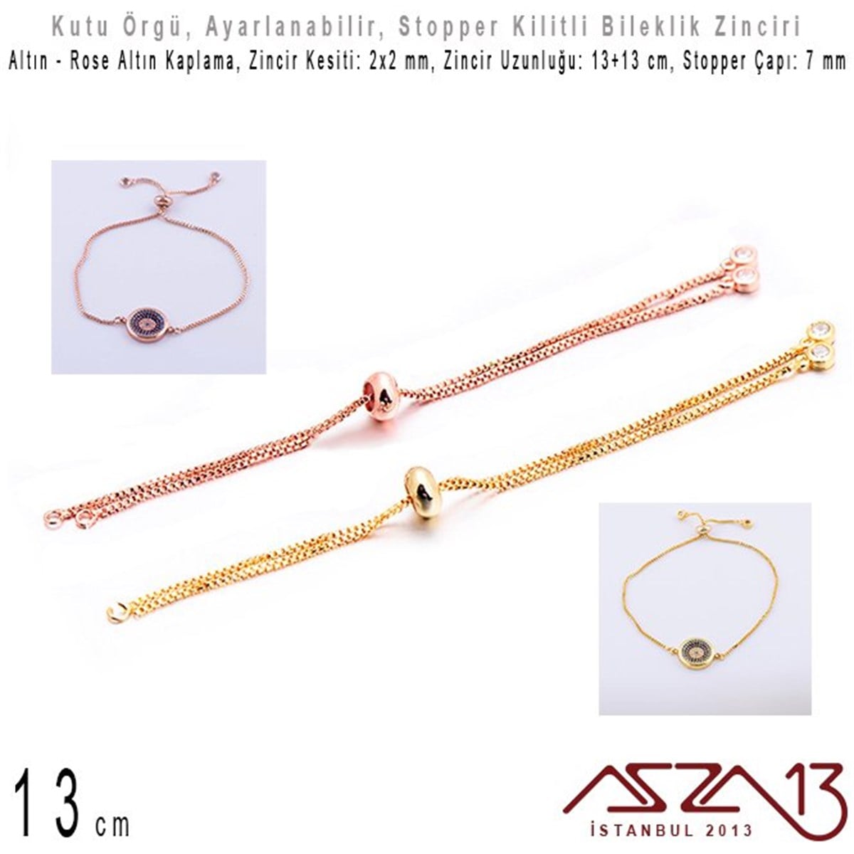 Bileklik MalzemeleriTAKI MALZEMEMarkasızAltın ve Rose Altın Kaplamalı, Asansör (Stopper) Kilitli Bileklik Zinciri