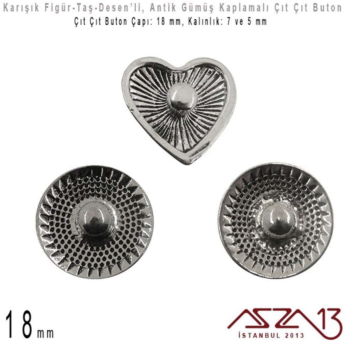 Buton MalzemeTAKI MALZEMEMarkasızAntik Gümüş Kaplamalı - 18 mm, Yüzeyi Figür'lü - Çıt Çıt Yuva Butonu / 1 Adet