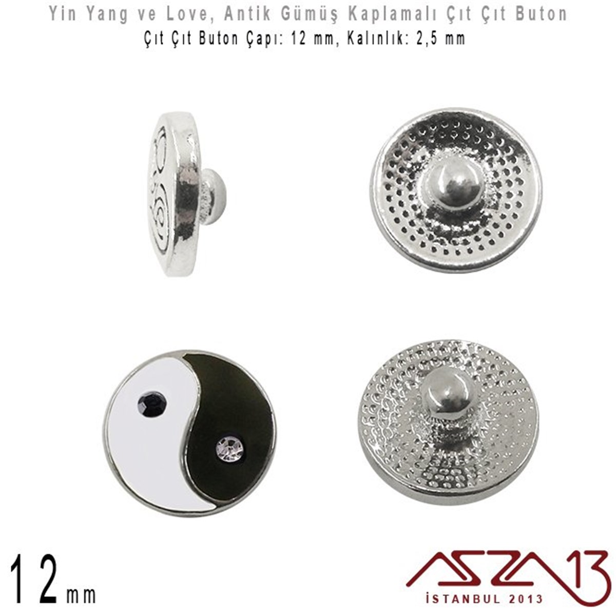 Buton MalzemeTAKI MALZEMEMarkasızAntik Gümüş Kaplamalı - 12 mm, Yüzeyi Figür'lü - Çıt Çıt Yuva Butonu / 1 Adet