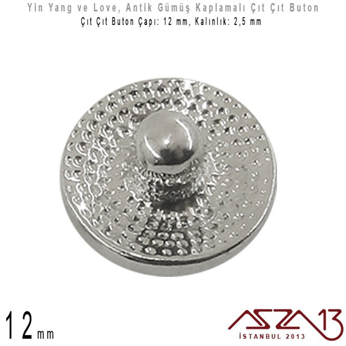 Buton MalzemeTAKI MALZEMEMarkasızAntik Gümüş Kaplamalı - 12 mm, Yüzeyi Figür'lü - Çıt Çıt Yuva Butonu / 1 Adet