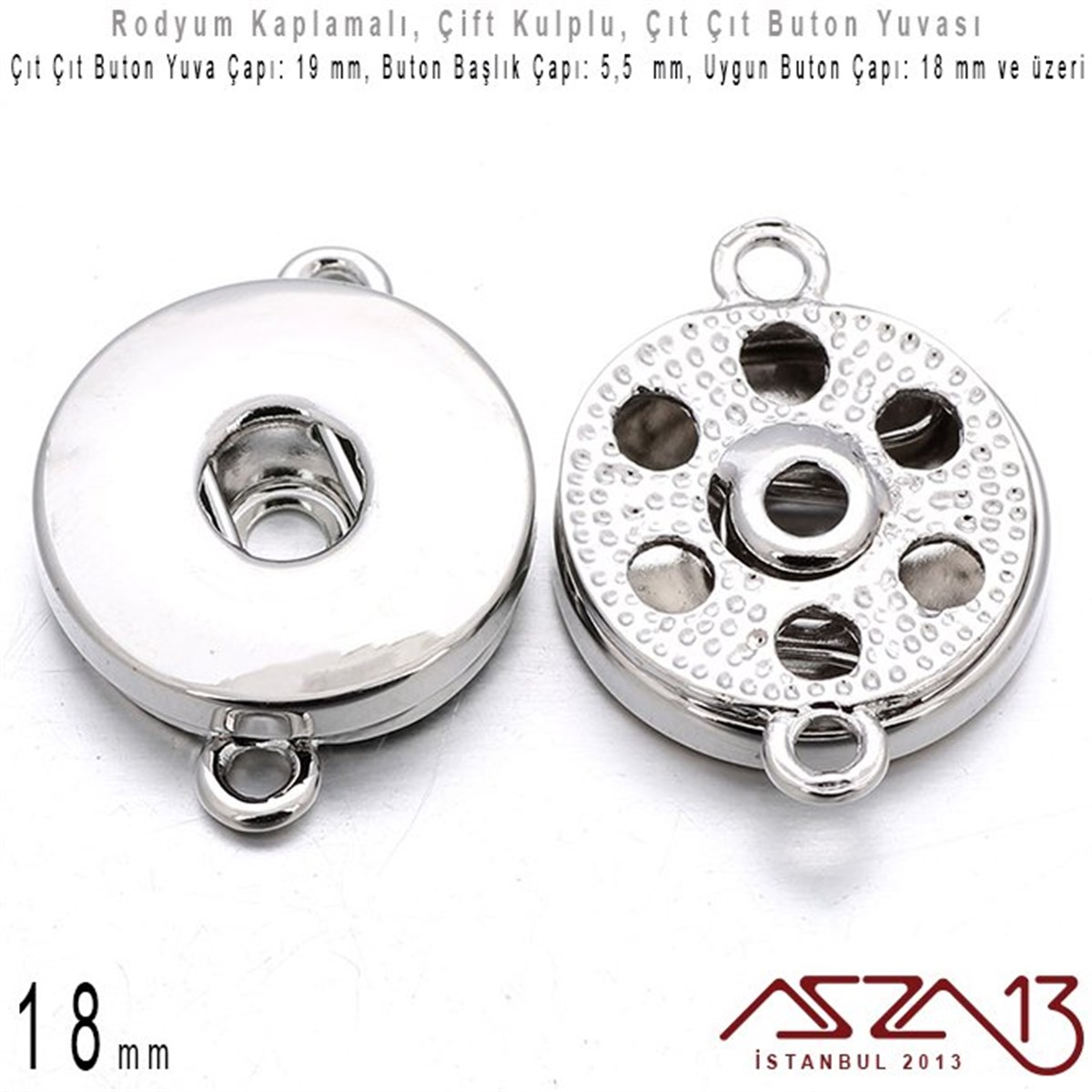 Buton MalzemeTAKI MALZEMEMarkasızRodyum Kaplamalı - 18 mm, Çıt Çıt Yuva (Snap) - Çift Kulp'lu Ara Malzeme / 1 Adet