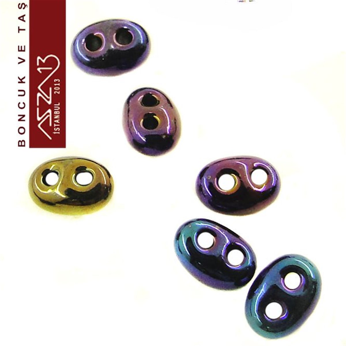 Cam Çift Delikli Twins BoncukBONCUK ve TAŞPreciosa65 Adet 2,5x5 mm Metalik Janjanlı Mavi-Mor Renkli Twin Cam Boncuk (3,8 gr)