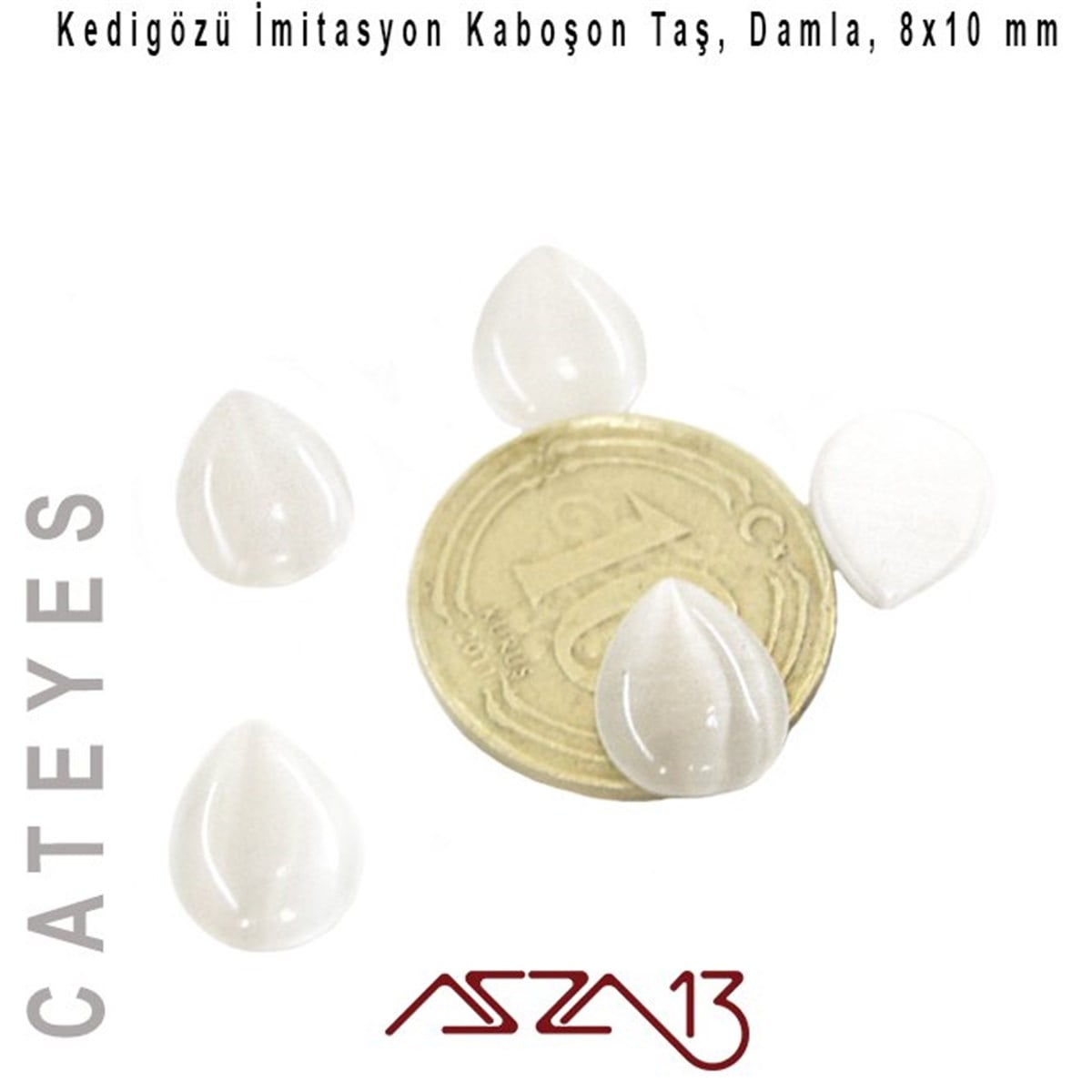 Cam Kaboşon TaşKaboşon ve CameoMarkasızBeyaz Renk Kedigözü 8x10/3 mm Damla İmitasyon Cam Kaboşon / Paket İçeriği 5 Adet