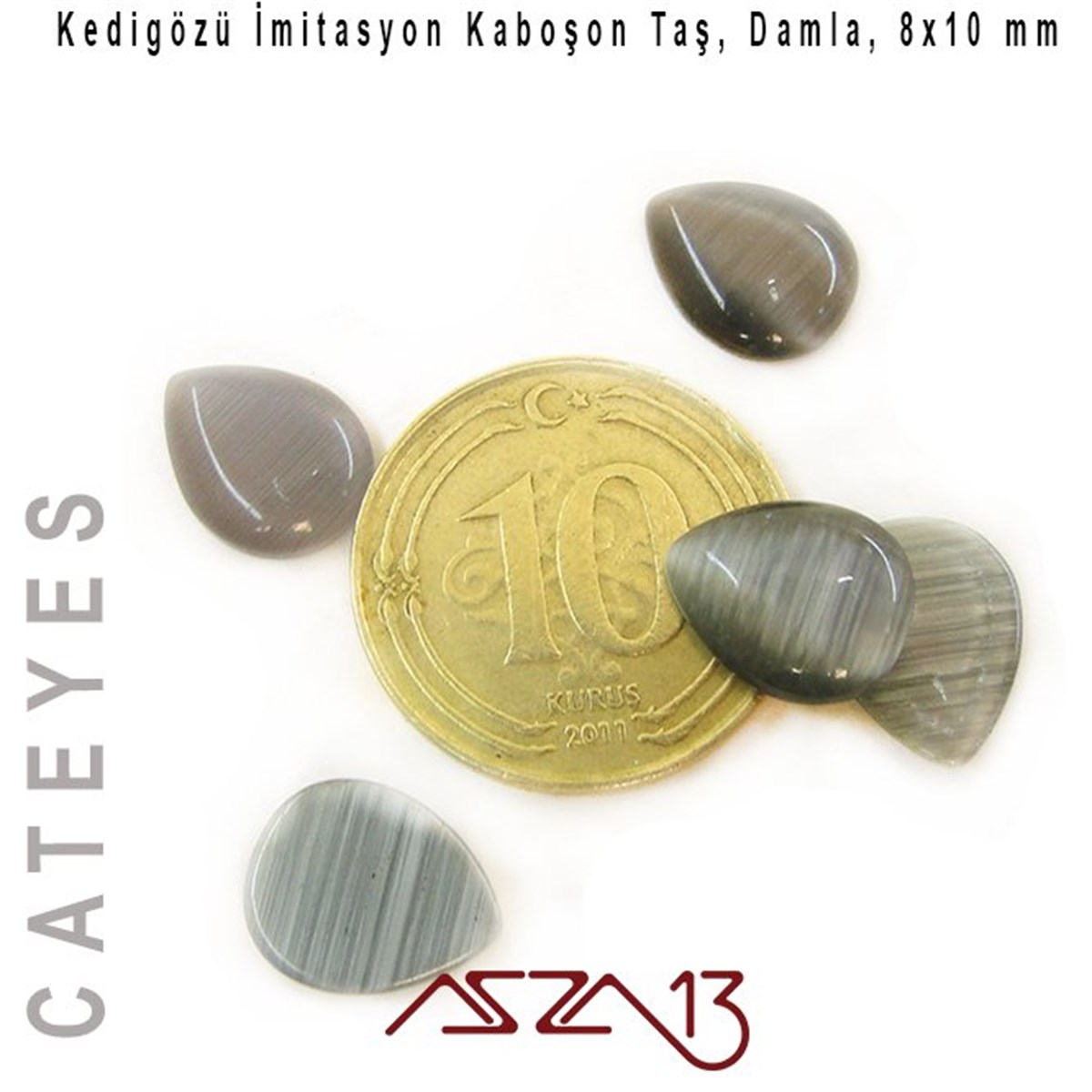 Cam Kaboşon TaşKaboşon ve CameoMarkasızGri Renk Kedigözü 8x10/3 mm Damla İmitasyon Cam Kaboşon / Paket İçeriği 5 Adet