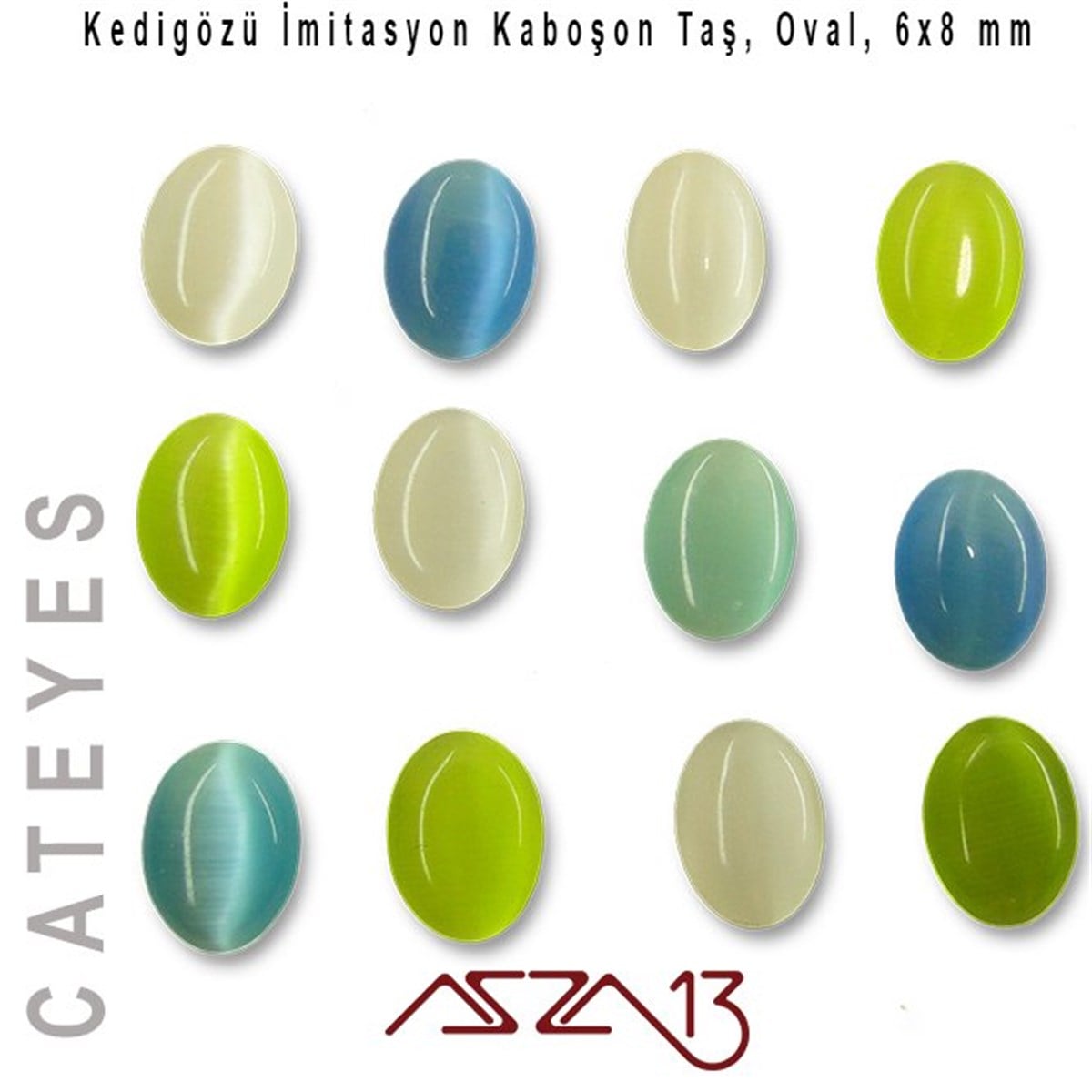 Cam Kaboşon TaşKaboşon ve CameoMarkasızMavi-Yeşil Renk Kedigözü 6x8/2,5 mm Oval İmitasyon Cam Kaboşon / Paket İçeriği 12 Adet