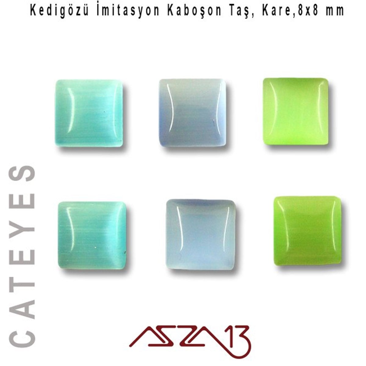 Cam Kaboşon TaşKaboşon ve CameoMarkasızMavi-Yeşil Renk Kedigözü 8x8/3 mm Kare İmitasyon Cam Kaboşon / Paket İçeriği 6 Adet