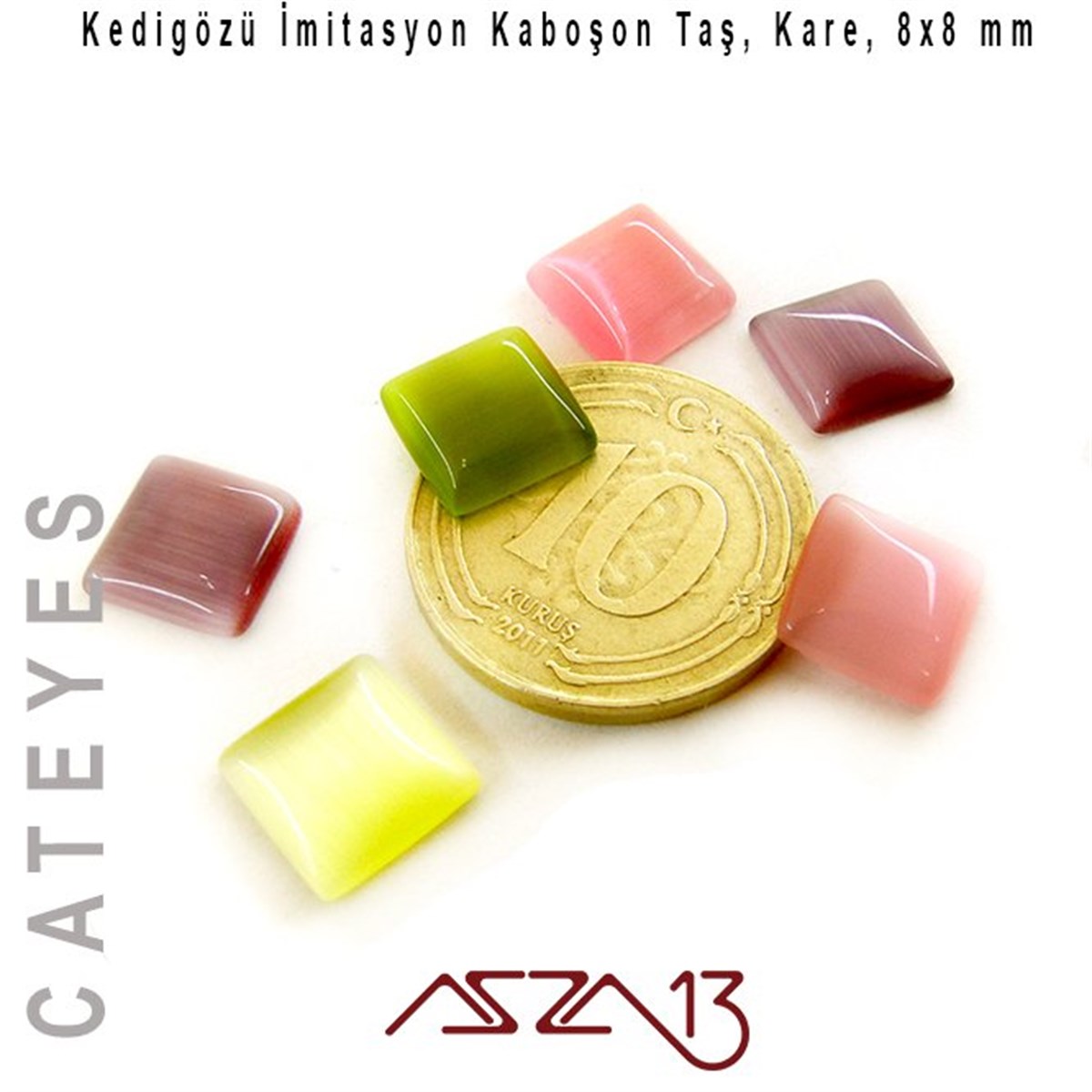 Cam Kaboşon TaşKaboşon ve CameoMarkasızPembe-Mor Renk Kedigözü 8x8/3 mm Kare İmitasyon Cam Kaboşon / Paket İçeriği 6 Adet