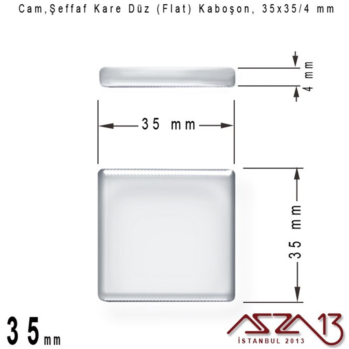 Cam Kaboşon TaşKaboşon ve CameoMarkasızŞeffaf 35 mm, Kare Cam Düz Kaboşon / Paket İçeriği 1 Adet
