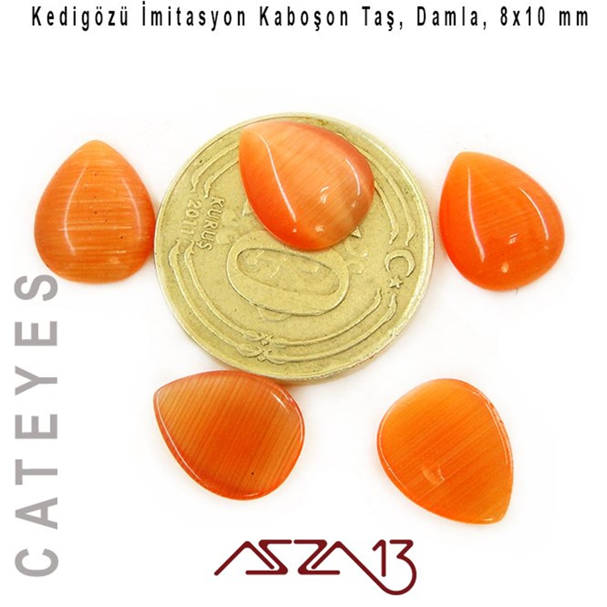 Cam Kaboşon TaşKaboşon ve CameoMarkasızTuruncu Renk Kedigözü 8x10/3 mm Damla İmitasyon Cam Kaboşon / Paket İçeriği 5 Adet