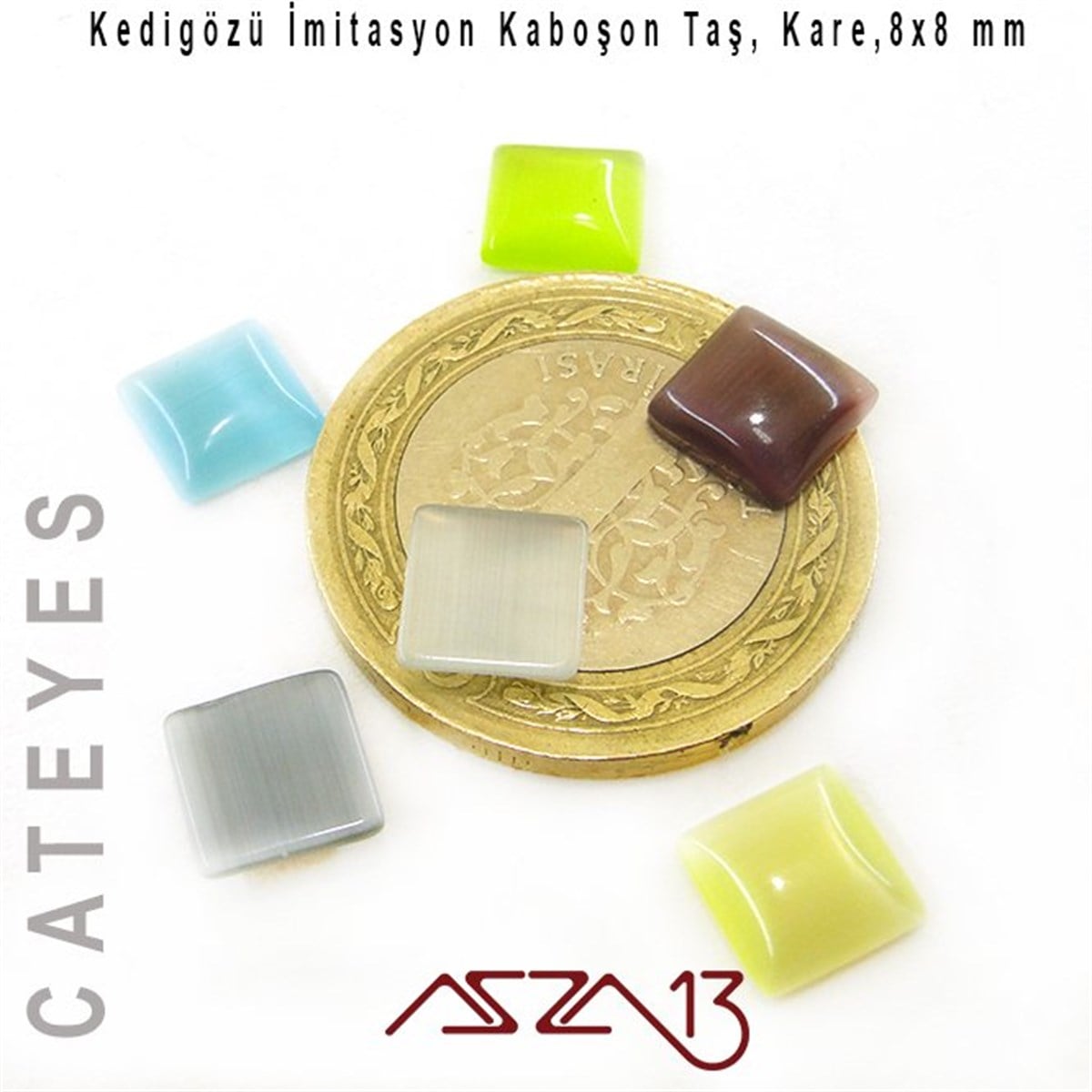 Cam Kaboşon TaşKaboşon ve CameoMarkasızYeşil-Gri Renk Kedigözü 8x8/3 mm Kare İmitasyon Cam Kaboşon / Paket İçeriği 6 Adet