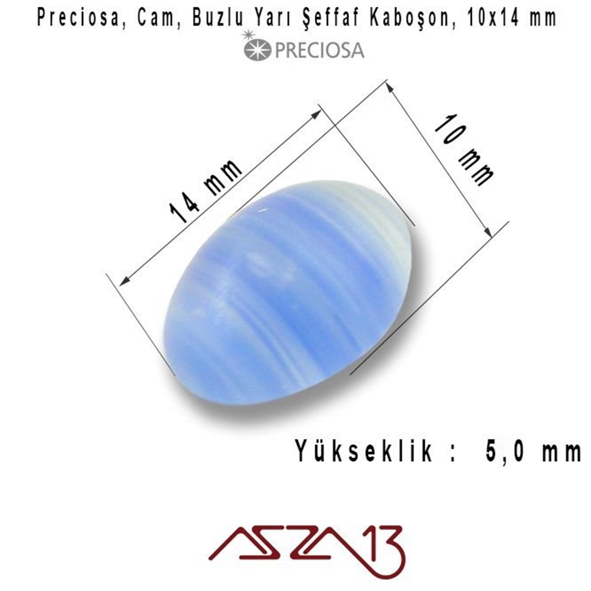 Cam Kaboşon TaşKaboşon ve CameoPreciosaKobalt Mavi 10x14 Oval Buzlu Cam Kaboşon / Paket İçeriği 5 Adet