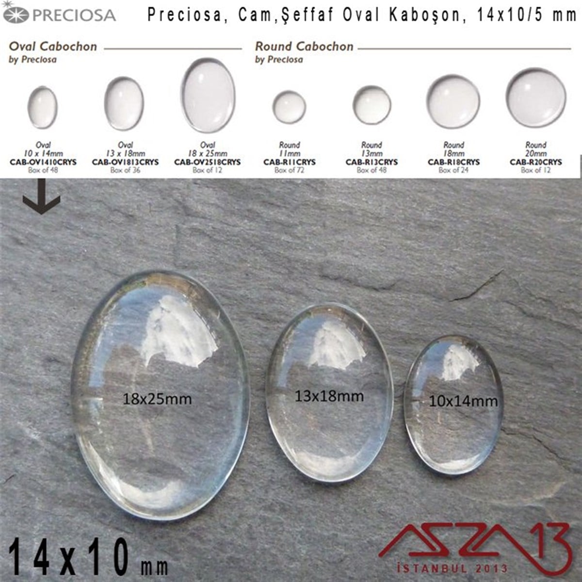Cam Kaboşon TaşKaboşon ve CameoPreciosaŞeffaf 14x10 mm, Çek, Oval Cam Kaboşon / Paket İçeriği 2 Adet