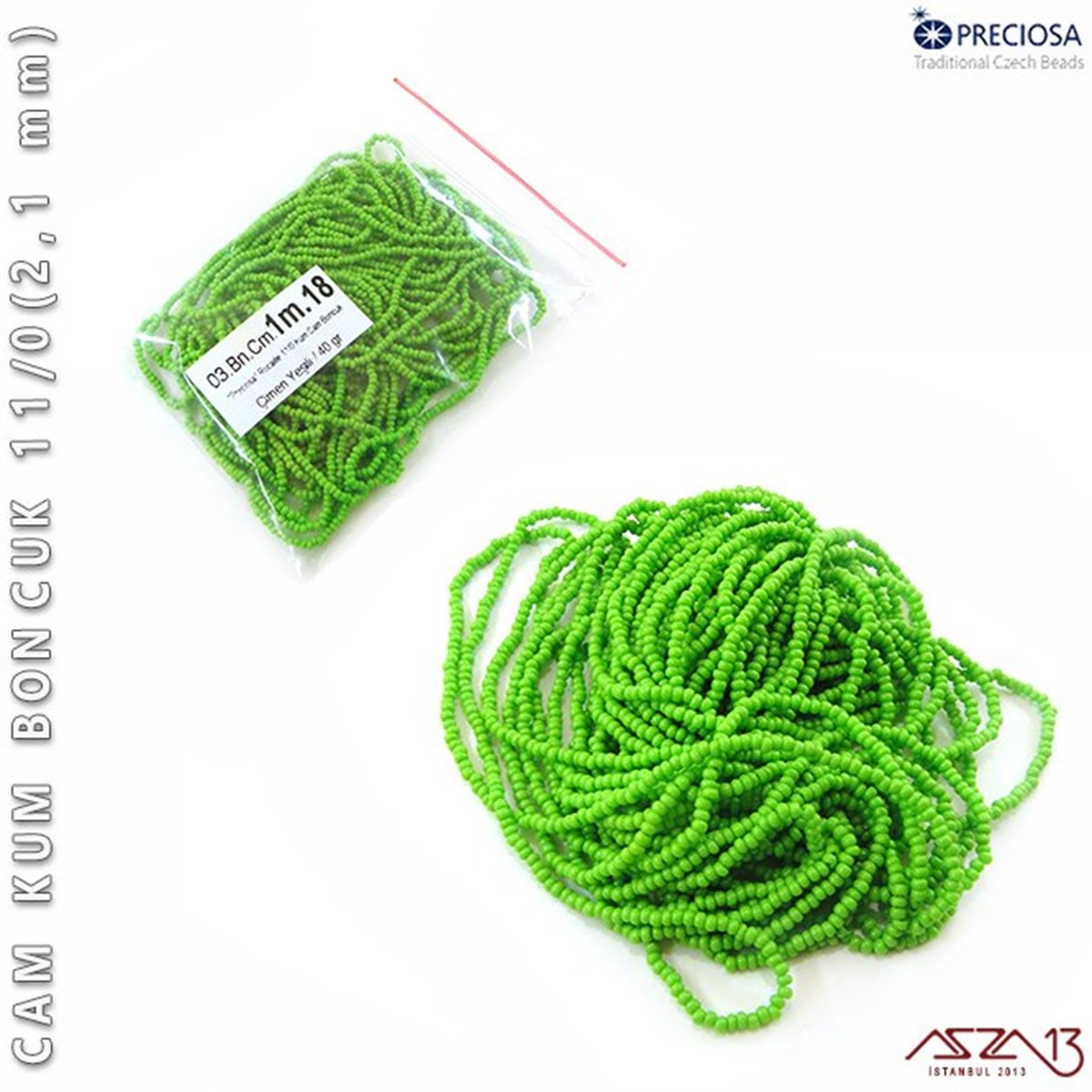 Cam Kum BoncukBONCUK ve TAŞPreciosaÇimen Yeşili Cam Kum Boncuk 11/0 (2,1 mm) 40 gr