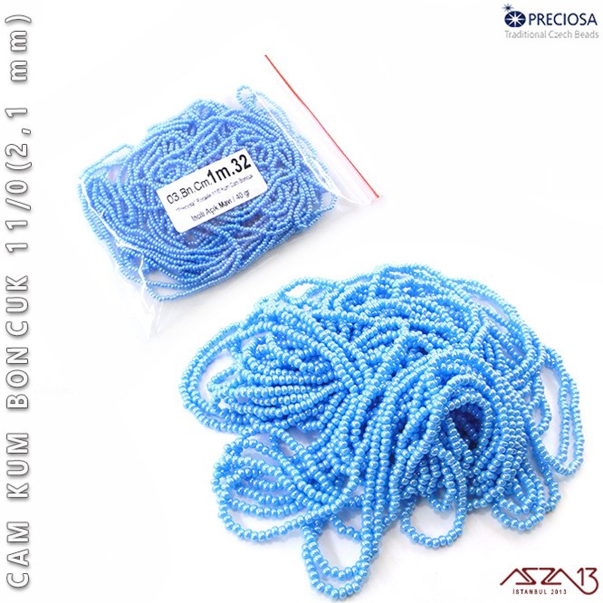 Cam Kum BoncukBONCUK ve TAŞPreciosaİncili Açık Mavi Cam Kum Boncuk 11/0 (2,1 mm) 40 gr