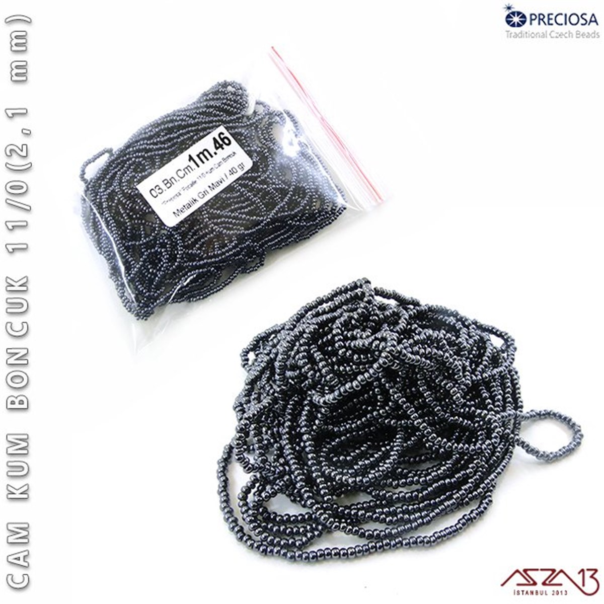 Cam Kum BoncukBONCUK ve TAŞPreciosaMetalik Gri Mavi Cam Kum Boncuk 11/0 (2,1 mm) 40 gr