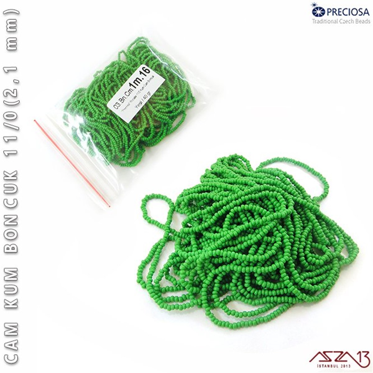 Cam Kum BoncukBONCUK ve TAŞPreciosaYeşil Cam Kum Boncuk 11/0 (2,1 mm) 40 gr