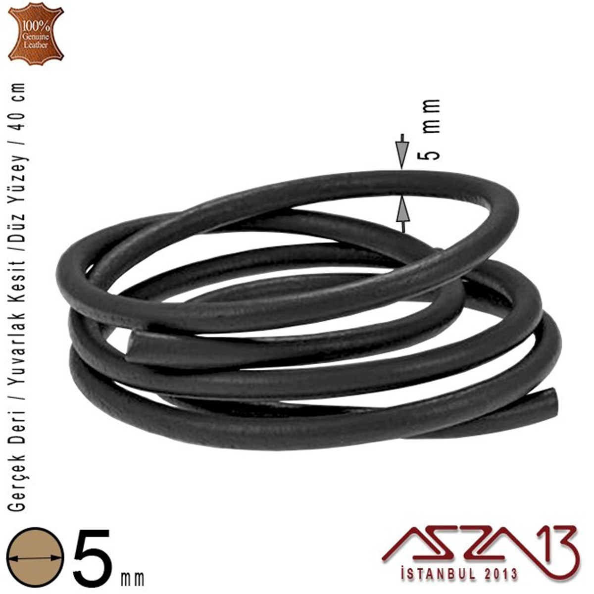 Deri Kordon ve KayışlarTAKI MALZEMEMarkasızGerçek Deri - 5 mm - Siyah - Düz Yüzey - Yuvarlak Kesit - Kordon / 40 cm