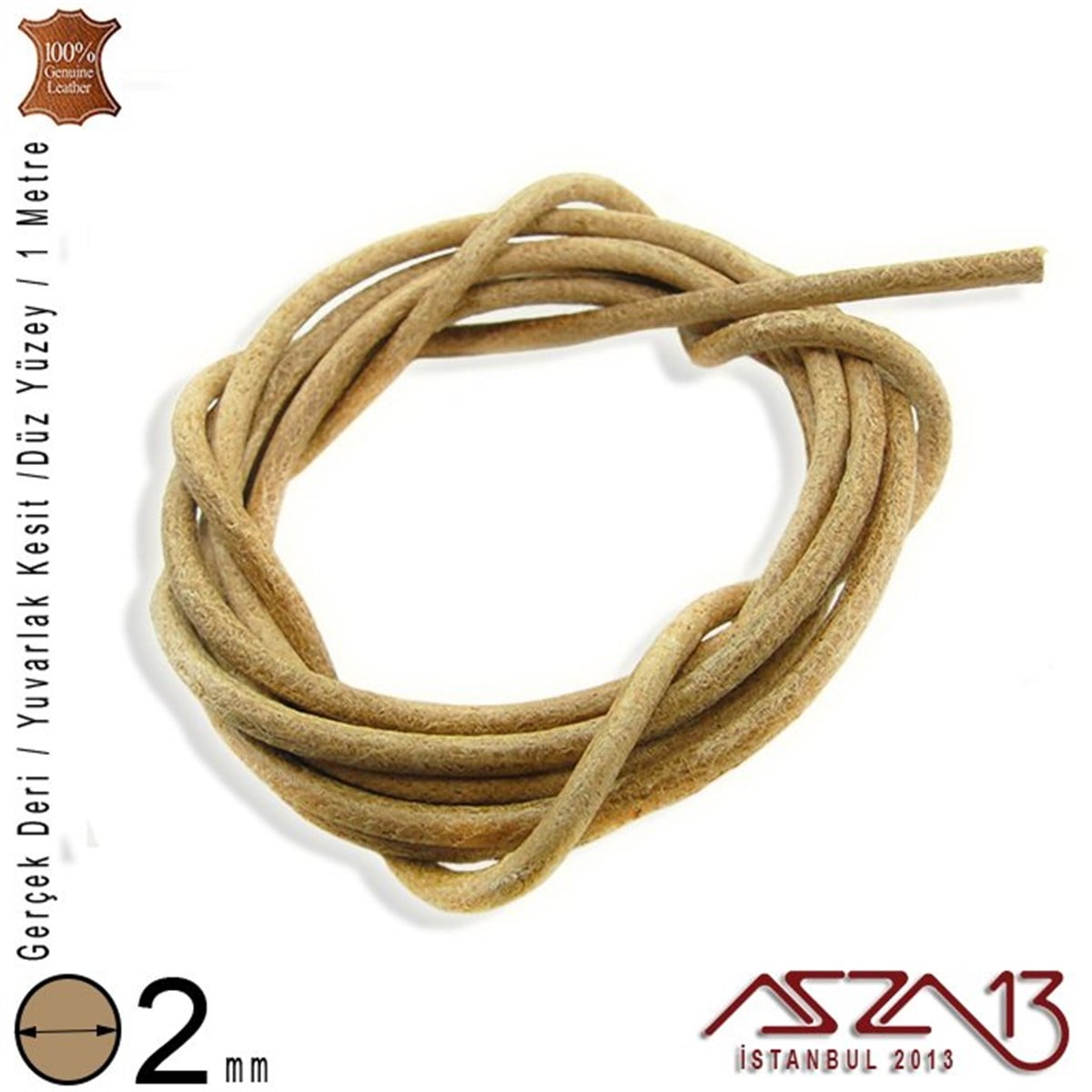 Deri Kordon ve KayışlarTAKI MALZEMEMarkasızGerçek Deri - 2 mm - Naturel - Düz Yüzey - Yuvarlak Kesit - Kordon / 1 Metre