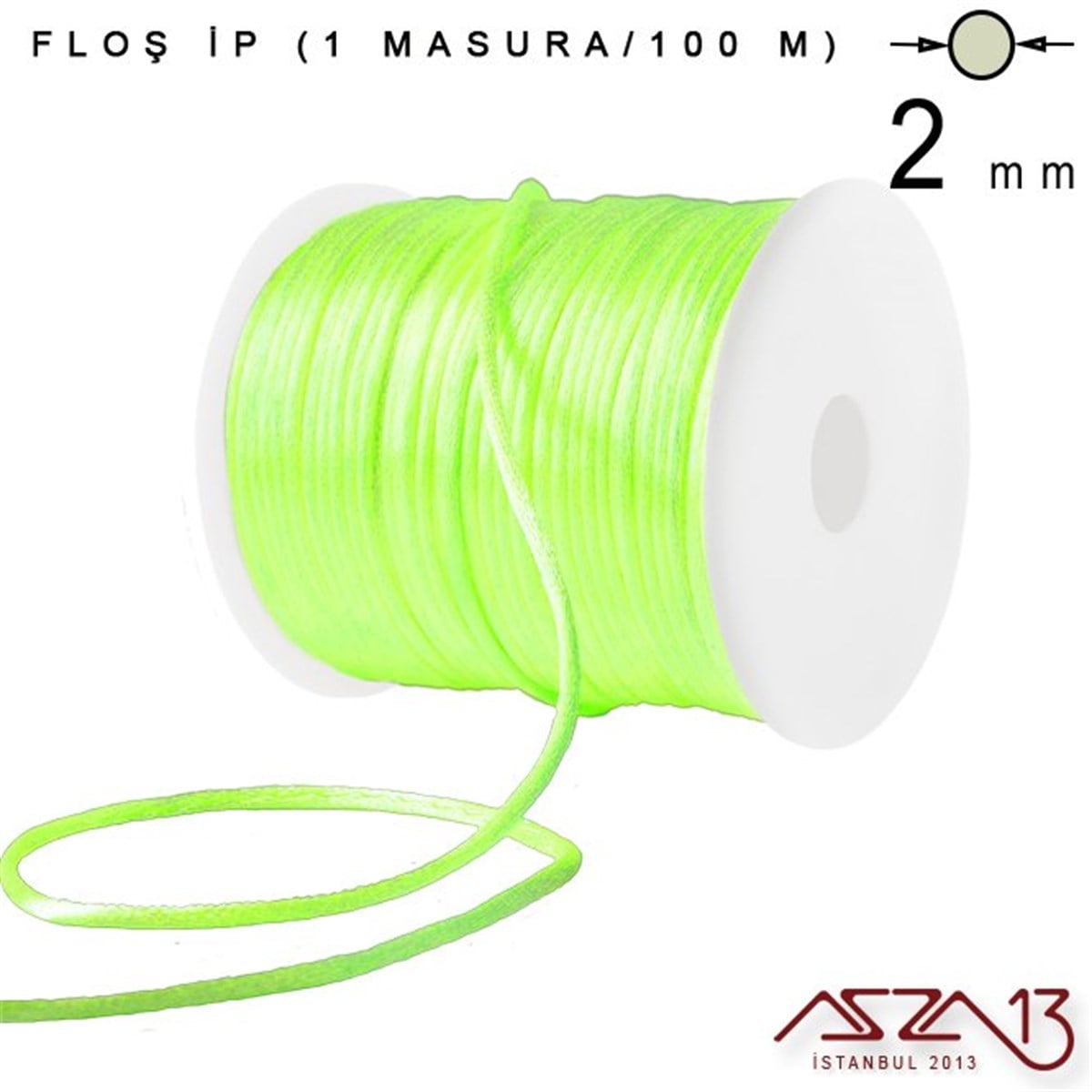 Floş İpler (Rattail Satin Cord)İp, Kordon, MisinaMarkasızNeon Yeşil 2,00 mm Floş İp - 100 m / 1 Masura