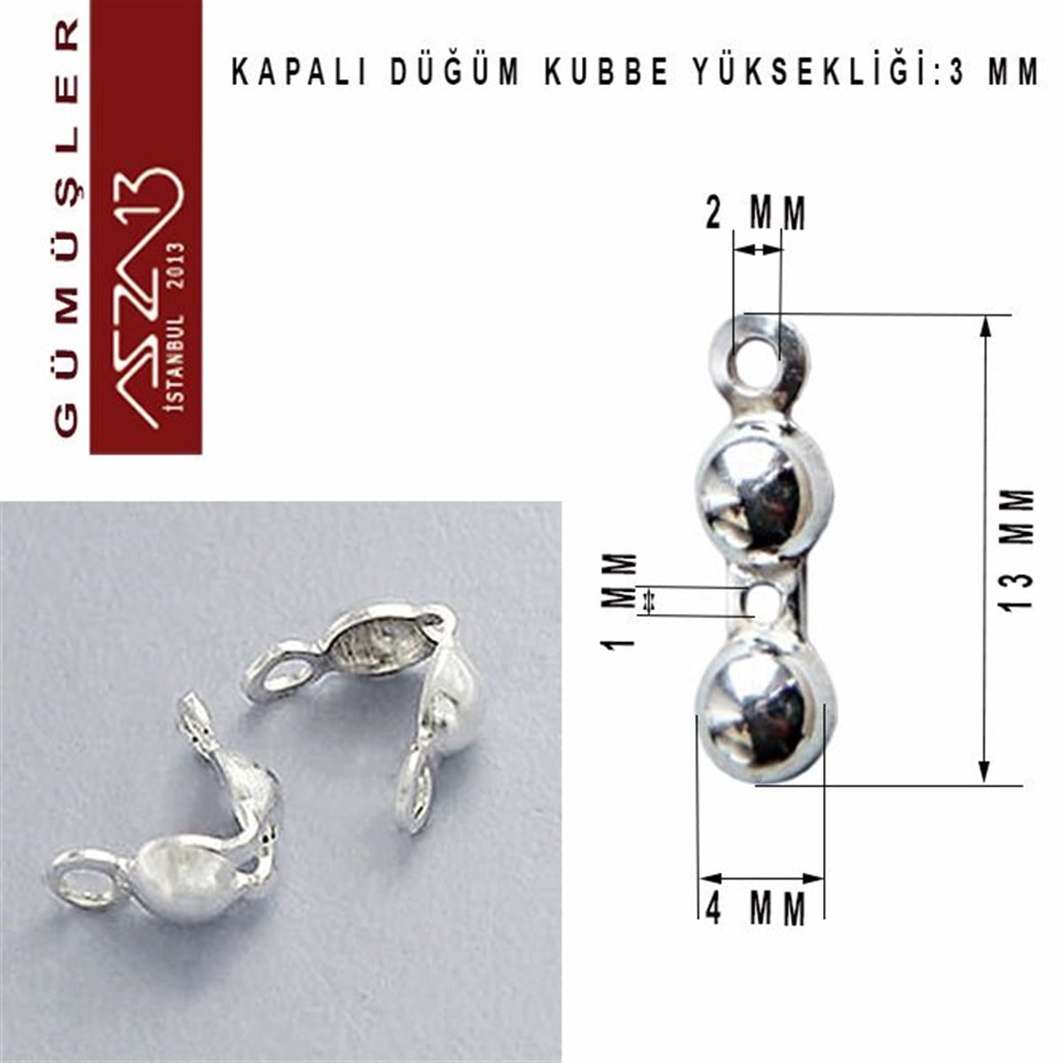 Gümüş Halka, Gümüş Top, Gümüş İğne, Gümüş KapamaGÜMÜŞMarkasız925 K Gümüş 13 mm Düğüm Kapama / Paket İçeriği 4 Adet