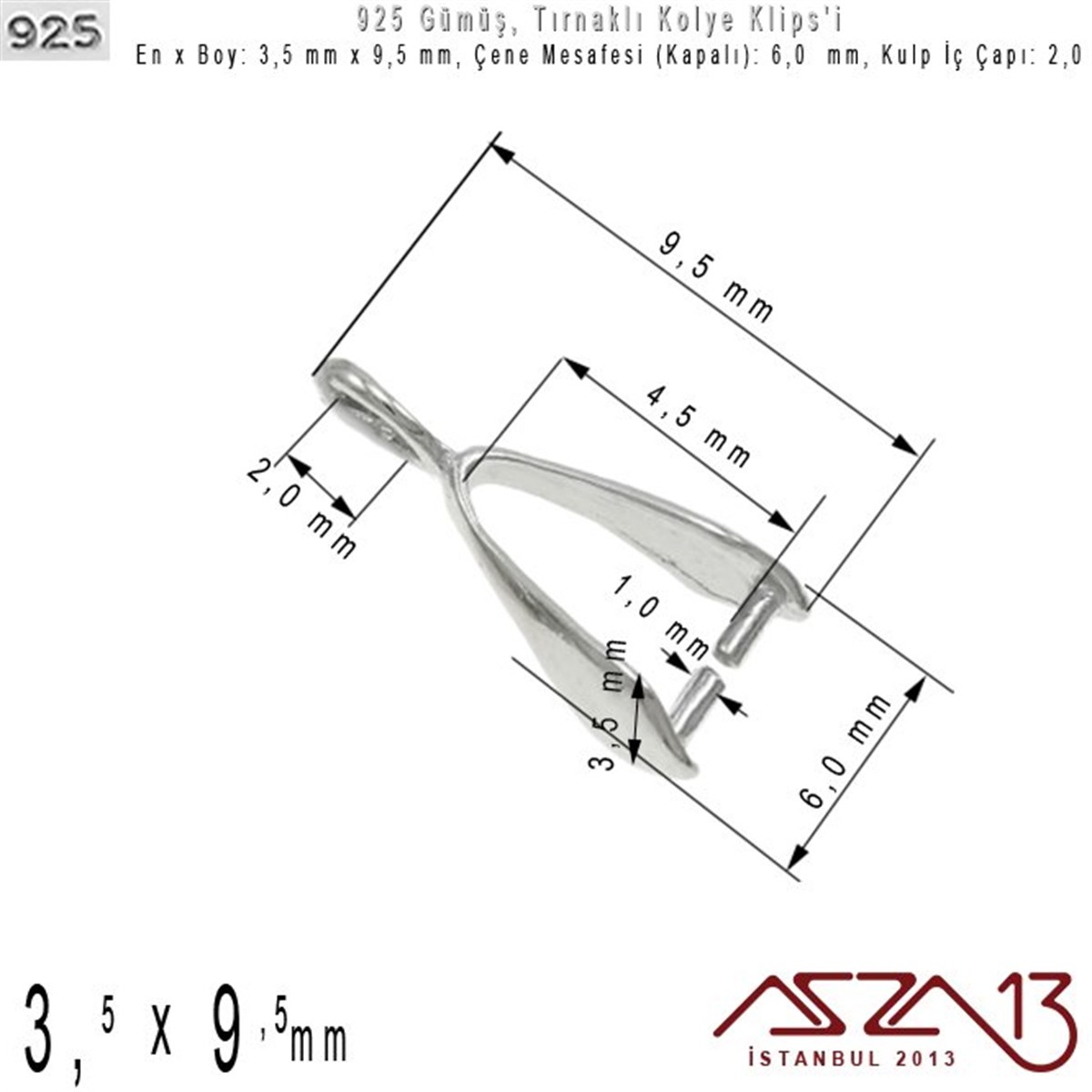 Gümüş Halka, Gümüş Top, Gümüş İğne, Gümüş KapamaGÜMÜŞazza13925 Ayar - 3,5 mm x 9,5 mm Ebatlarında - Tırnaklı Kolye Klipsi / 2 Adet