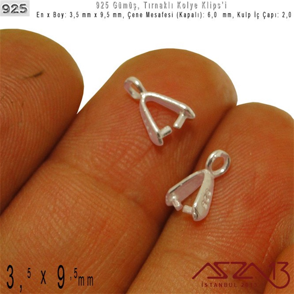 Gümüş Halka, Gümüş Top, Gümüş İğne, Gümüş KapamaGÜMÜŞazza13925 Ayar - 3,5 mm x 9,5 mm Ebatlarında - Tırnaklı Kolye Klipsi / 2 Adet