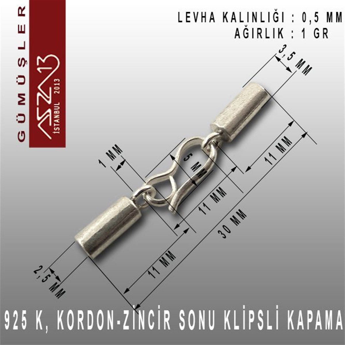 Gümüş Halka, Gümüş Top, Gümüş İğne, Gümüş KapamaGÜMÜŞazza13925 K Gümüş 30x3,5/2,5 mm Klipsli Kapsül Kapama / Paket İçeriği 1 Adet