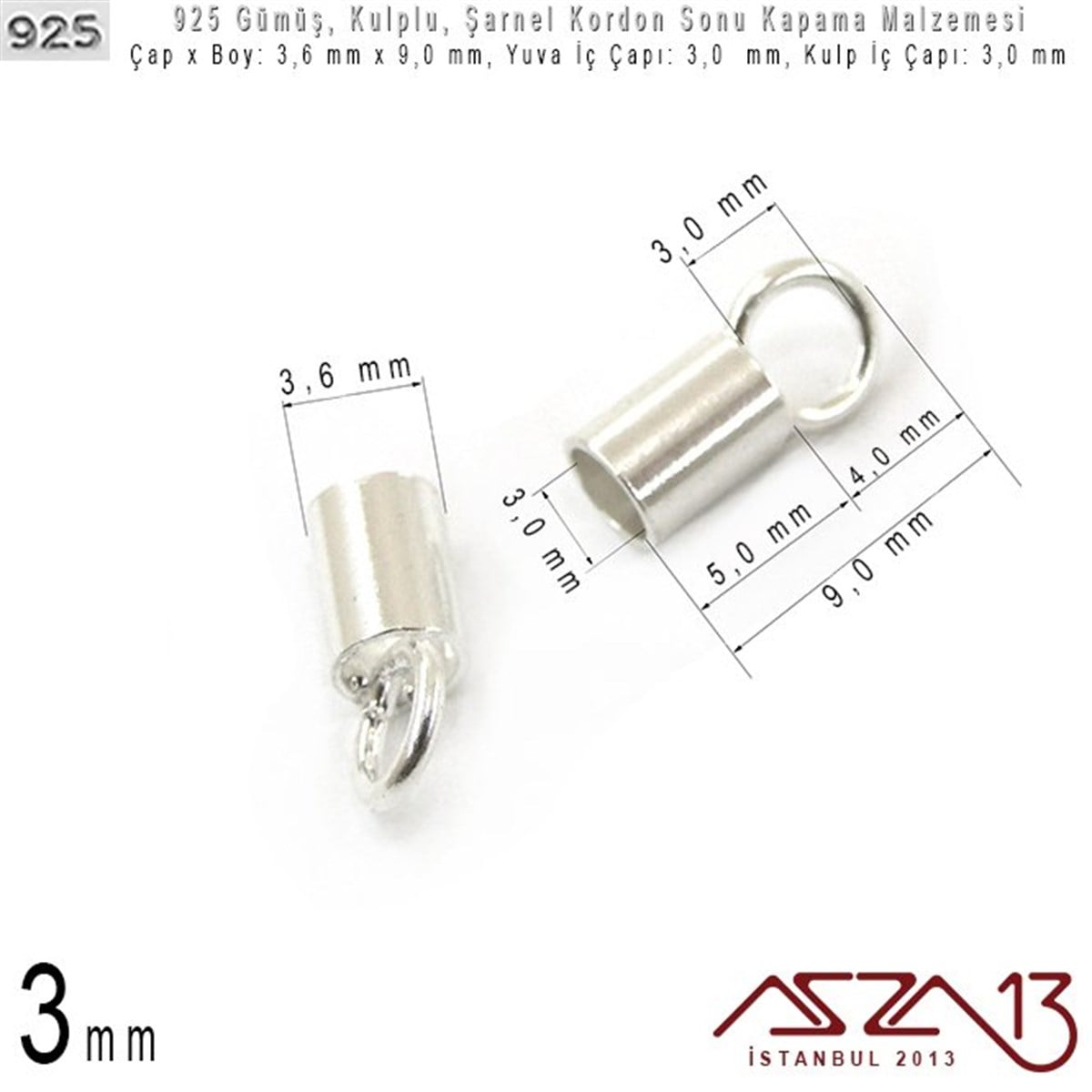 Gümüş Halka, Gümüş Top, Gümüş İğne, Gümüş KapamaGÜMÜŞazza13925 Ayar - 3,0 mm Yuva Çaplı Silindirik - Şarnel Kordon Sonu Kapama / 2 Adet