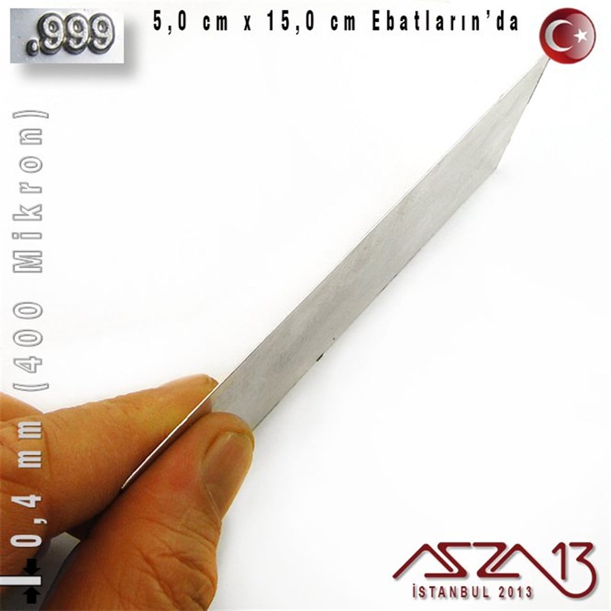 Gümüş Plaka (Astar)GÜMÜŞazza13999 Ayar - 0,4 mm (400 Mikron) Kalınlıkta Gümüş Plaka - 5,0 cm / 15,0 cm Ebatlarında