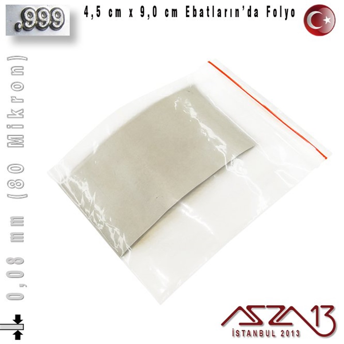 Gümüş Plaka (Astar)GÜMÜŞazza13999 Ayar - 0,08 mm (80 Mikron) Kalınlıkta Gümüş Folyo - 4,5 cm x 9,0 cm